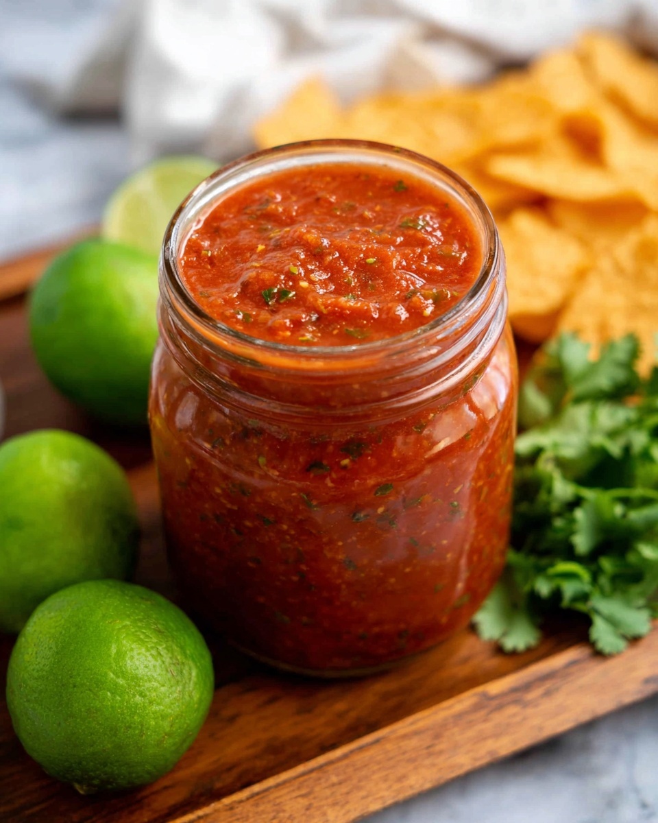 A clear glass jar filled with thick, bright red salsa that has a slightly chunky texture with herbs and small bits visible throughout, placed on a wooden tray. Behind the jar to the left are three whole green limes and to the right is a bunch of fresh green cilantro leaves. In the background, there are some orange chips slightly blurred with a white cloth peeking on the sides. The surface is a white marbled texture photo taken with an iphone --ar 4:5 --v 7