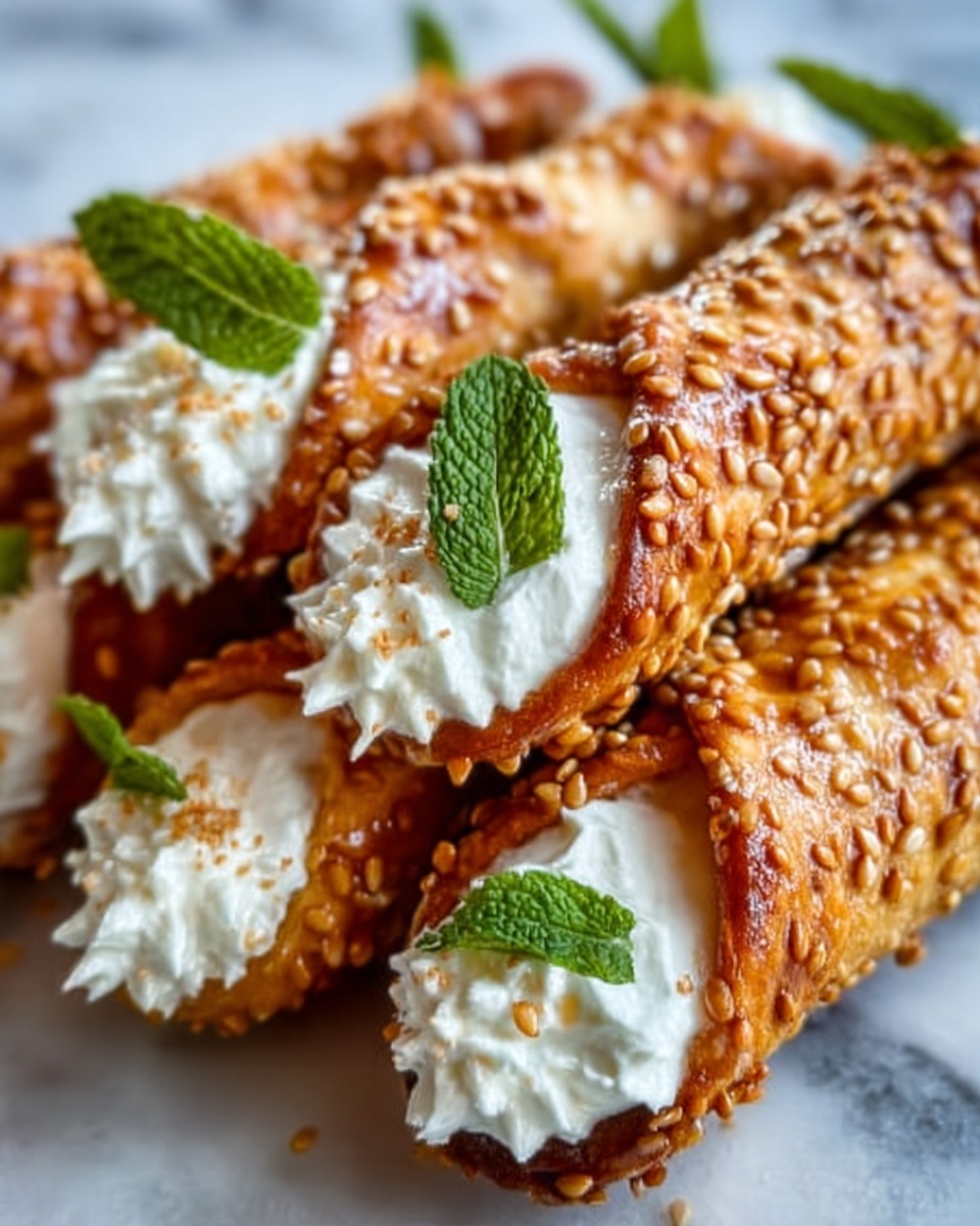 The image shows several rolled cannoli shells filled with white creamy ricotta cheese. Each shell is golden brown, covered with sesame seeds, and has a slightly crispy texture. Small green mint leaves are placed on top of each cannoli, adding a fresh color contrast. The cannoli are arranged closely next to each other on a white marbled surface. The photo taken with an iphone --ar 4:5 --v 7