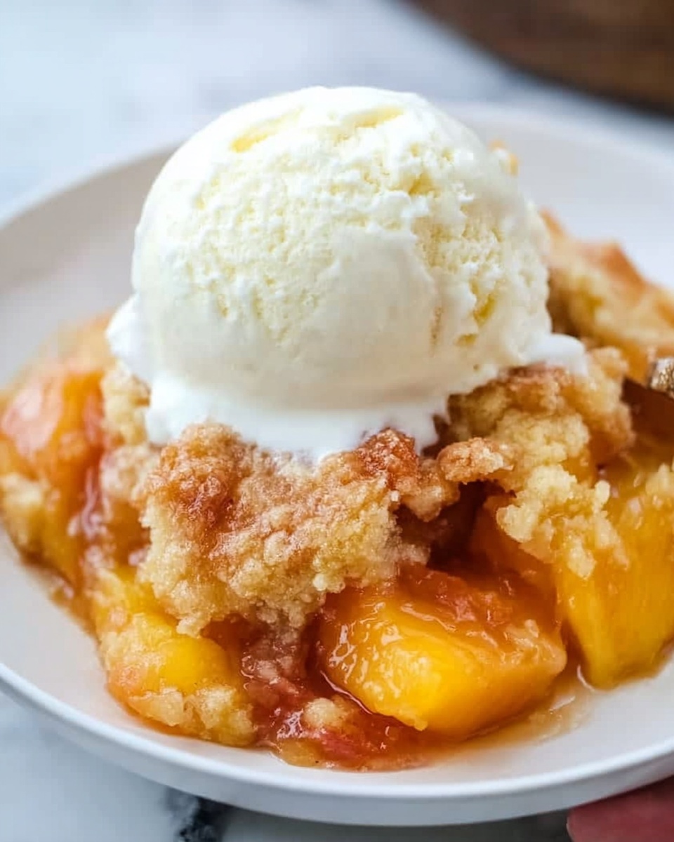 A close-up view of a dessert served on a white plate placed on a white marbled surface. The dish has two main layers: the bottom layer is a warm, chunky peach cobbler with pieces of soft, golden-orange peaches and a slightly crispy, golden-brown crust that looks crumbly and textured. On top of this layer, there is a generous scoop of smooth, creamy white vanilla ice cream that is beginning to soften and melt slightly on the warm cobbler below. A woman's hand is holding the edge of the plate in the background. Photo taken with an iphone --ar 4:5 --v 7