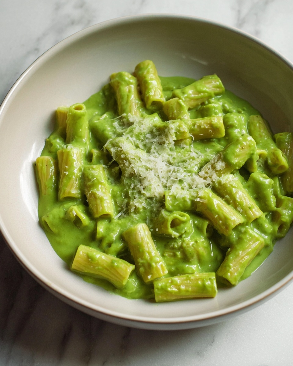 The dish shows short tube-shaped pasta covered in a thick, creamy green sauce, possibly pesto. The pasta is placed in a white bowl with a gray inner surface that has a crackle pattern. On top of the pasta, there is a fine layer of light-colored grated cheese. A metal fork rests inside the bowl, partly covered by the pasta. The bowl sits on a white marbled surface. photo taken with an iphone --ar 4:5 --v 7