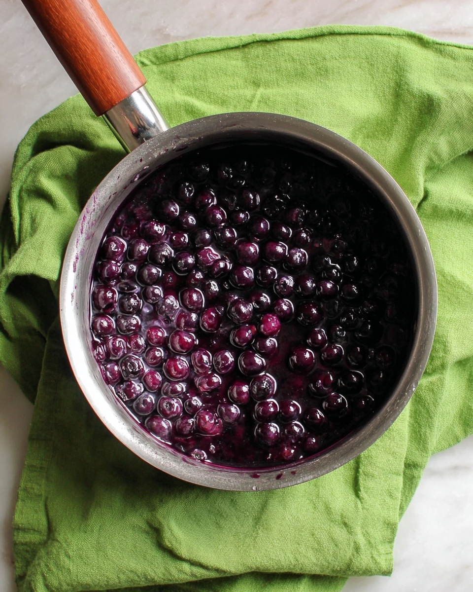 A silver saucepan filled with a deep purple mixture of whole blueberries simmering in syrup is placed on a green cloth. The blueberries are shiny and cover the entire surface inside the pan. The pan has a long handle extending out of the top left corner. The background is a white marbled texture photo taken with an iphone --ar 4:5 --v 7