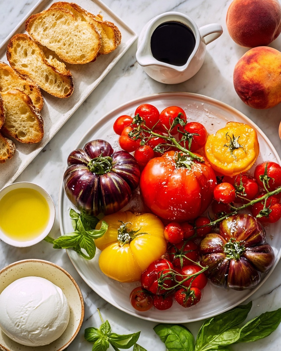 A white plate holds three dark purple heirloom tomatoes, two yellow and one red heirloom tomato, and several red cherry tomatoes still on the vine. Among these tomatoes, there are also three round, reddish peaches with light dew drops. Around the white plate, on a white marbled surface, there is a small bowl with bright yellow olive oil, a white bowl with a large ball of smooth white mozzarella cheese, a small white pitcher filled with dark balsamic vinegar, and a white rectangular dish with six slices of toasted golden brown bread. Green basil leaves are placed decoratively near the cheese and vinegar containers. photo taken with an iphone --ar 4:5 --v 7