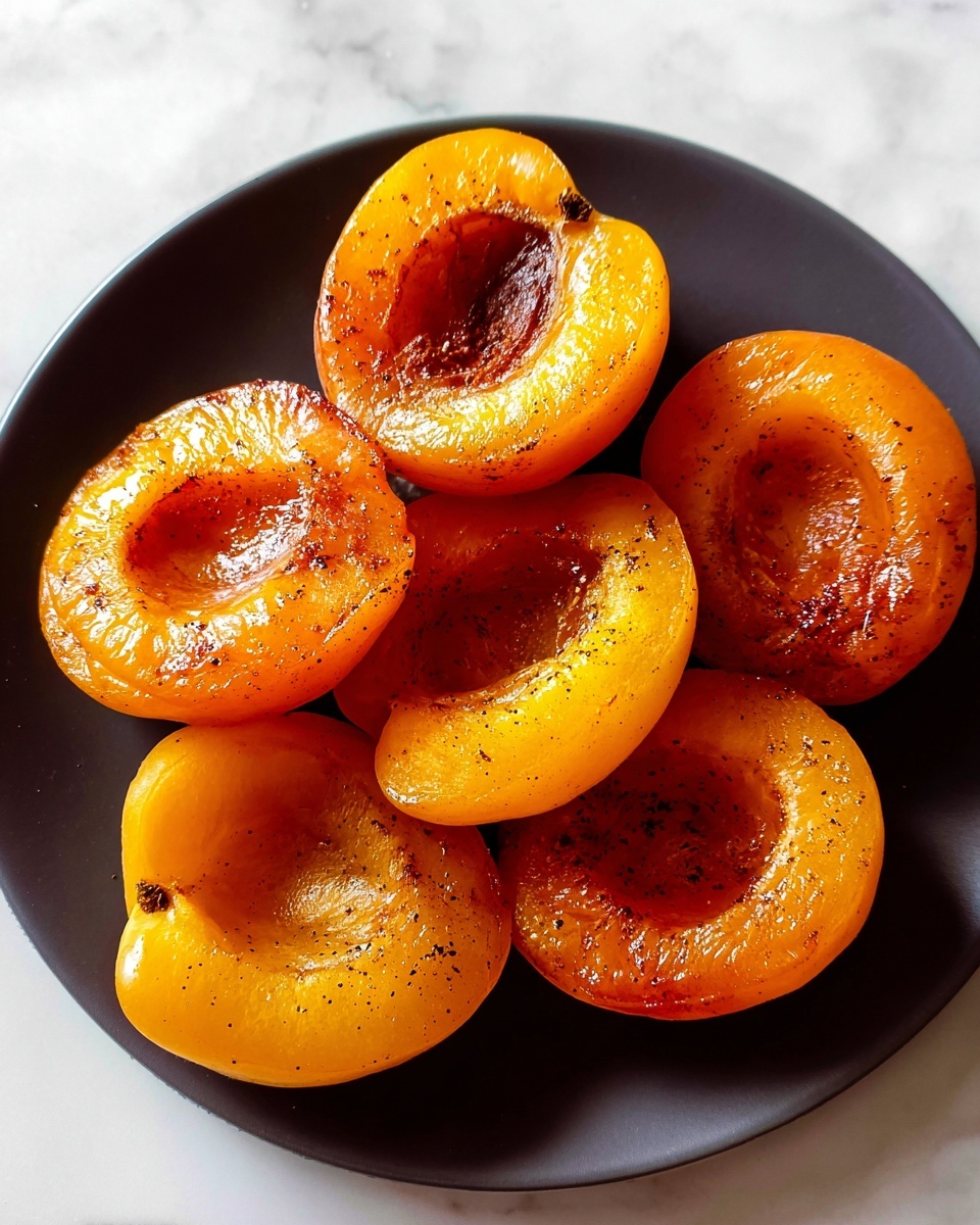 Five halved apricots with a shiny, warm orange color sit closely together on a plain white plate. Each apricot half has a soft, slightly caramelized texture with small dark specks of seasoning scattered over the surface. The apricots' natural round shape is visible, and the pits are removed, leaving hollow centers. The plate is on a white marbled surface, with bright light reflecting off the apricots, highlighting their juicy appearance. photo taken with an iphone --ar 4:5 --v 7