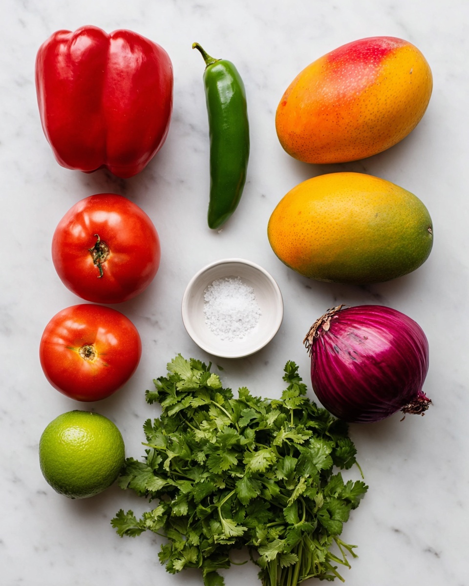 The image shows fresh ingredients neatly arranged on a white marbled surface. There is one large bright red bell pepper on the top left, next to an orange habanero pepper and a smooth green jalapeño pepper vertically placed near the middle. To the right, two ripe mangoes with yellow and red skin, and below them a whole red onion with purple outer layers. At the bottom center, three red Roma tomatoes are aligned vertically above a bright green lime. On the left side near the bottom is a bunch of fresh green cilantro, and in the center above the tomatoes is a small white bowl filled with coarse salt. The layout is simple and clean, showing rich colors and fresh textures. photo taken with an iphone --ar 4:5 --v 7
