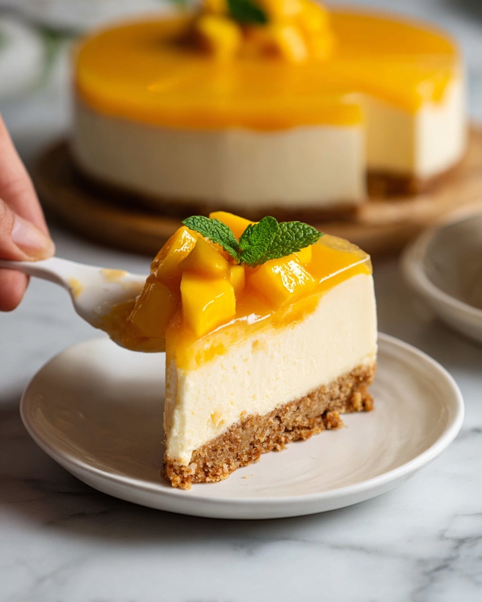 A close-up of a slice of mango cheesecake on a white plate, showing three layers: a crumbly brown base, a thick creamy off-white middle layer, and a smooth shiny bright yellow mango topping. On top, small diced mango pieces and a green mint leaf add fresh color. A piece is taken from the slice using a white utensil held by a woman's hand. In the background, the whole cheesecake on a white marbled surface is partly visible. photo taken with an iphone --ar 4:5 --v 7