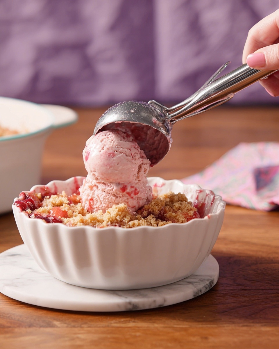 A white scalloped bowl contains one layer of soft, chunky fruit crumble with golden brown sugar topping mixed with red fruit pieces. Above it, a scoop of light pink ice cream with visible red streaks is being placed by a woman's hand holding a metal ice cream scooper. The background features a blurred purple cloth and wooden surface, but the visible base where the bowl sits is a white marbled texture. Photo taken with an iphone --ar 4:5 --v 7