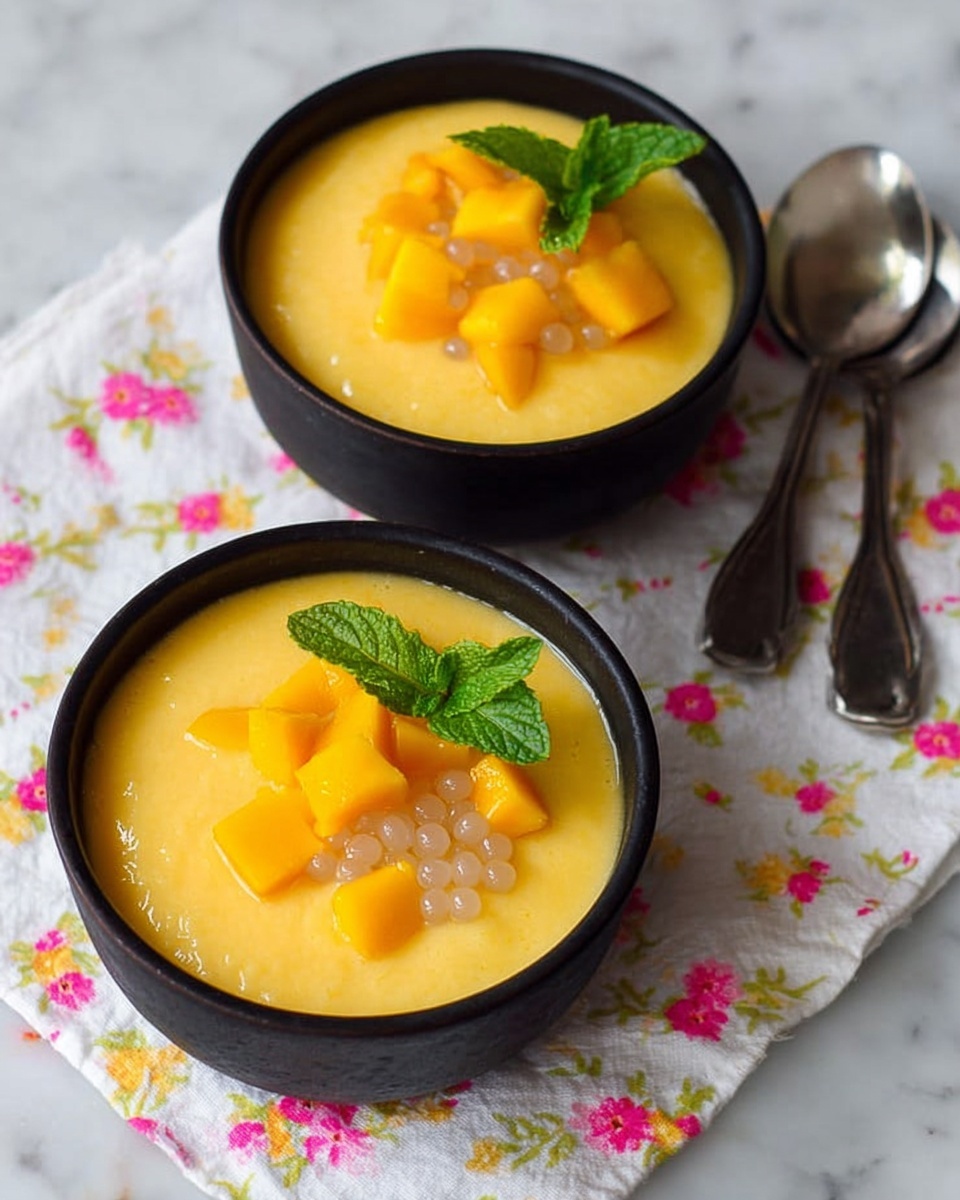 Two white bowls filled with a creamy orange mango mixture. Each bowl has small white tapioca pearls on one side, bright yellow mango cubes beside the pearls, and a small sprig of fresh green mint leaves on top. The bowls sit on a white marbled surface with a metal spoon placed beside one bowl. The photo is brightly lit, showing the smooth texture of the mango mixture and the contrast of colors in the toppings photo taken with an iphone --ar 4:5 --v 7