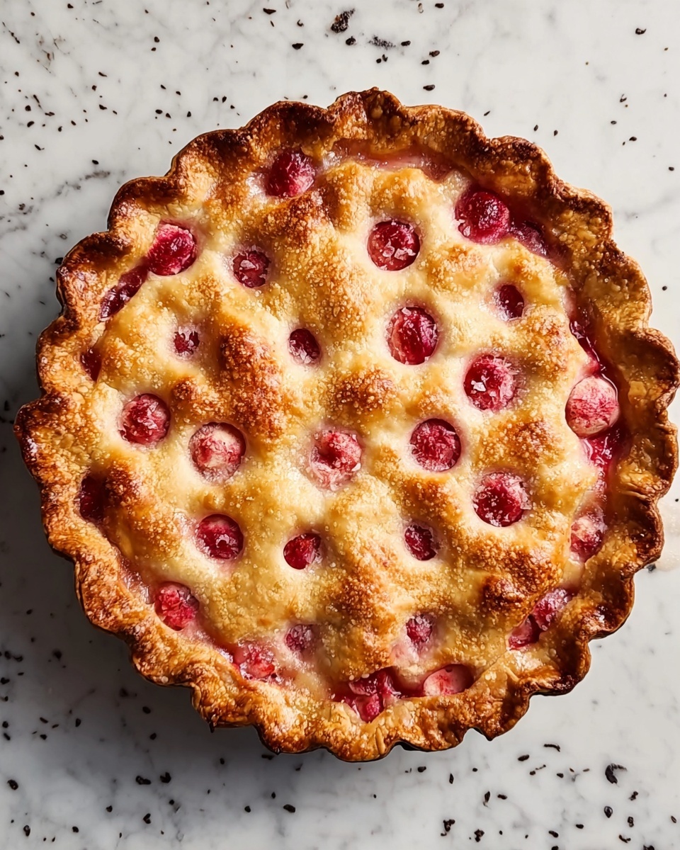 A round pie with a golden-brown crust topped with multiple small round cutouts showing the bright pink and red fruit filling beneath, the edge of the crust is crimped and wavy, creating a textured border. The pie sits on a white marbled surface with some dark scattered specks around it. The crust looks flaky and slightly shiny, indicating it was brushed for a nice finish. Photo taken with an iphone --ar 4:5 --v 7