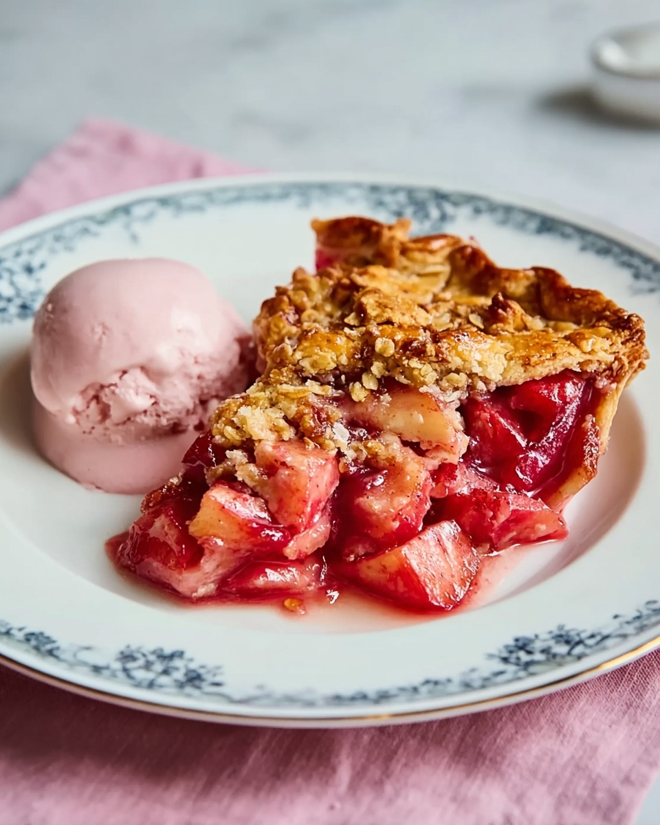 A slice of fruit pie with a golden-brown lattice crust sits on a white plate. The pie filling is juicy and red with pieces of strawberries and other fruit visible beneath the crust. A large dollop of white whipped cream is on top, slightly melting and soft. The slice is placed on a white marbled surface with a stainless steel fork nearby. A whole fresh strawberry is also placed on the surface next to the plate. Photo taken with an iphone --ar 4:5 --v 7