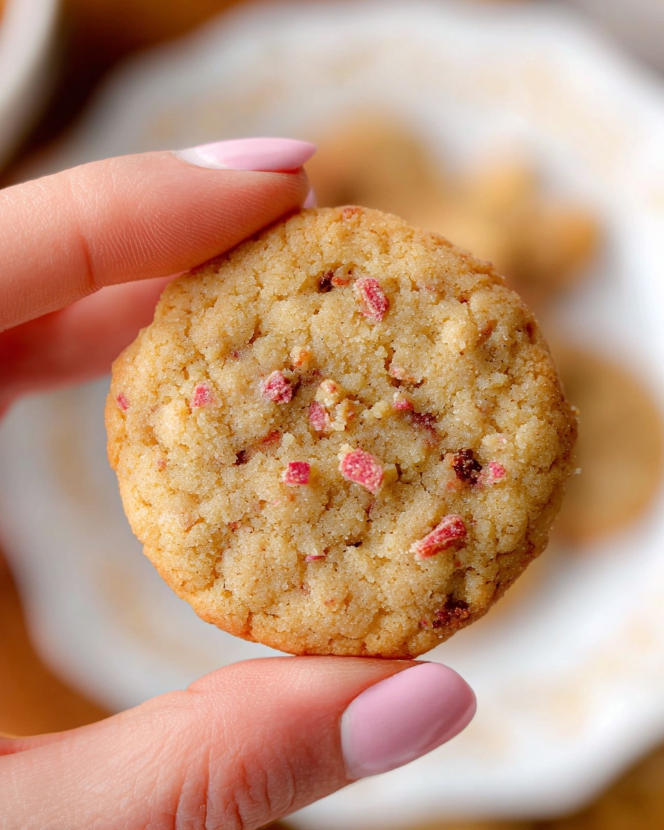 A close-up image shows a single round cookie held by a woman's hand between thumb and forefinger. The cookie is light brown with a slightly rough texture and small pinkish-red pieces embedded throughout. The background features a blurry white plate with more cookie crumbs on a white marbled surface. Photo taken with an iphone --ar 4:5 --v 7