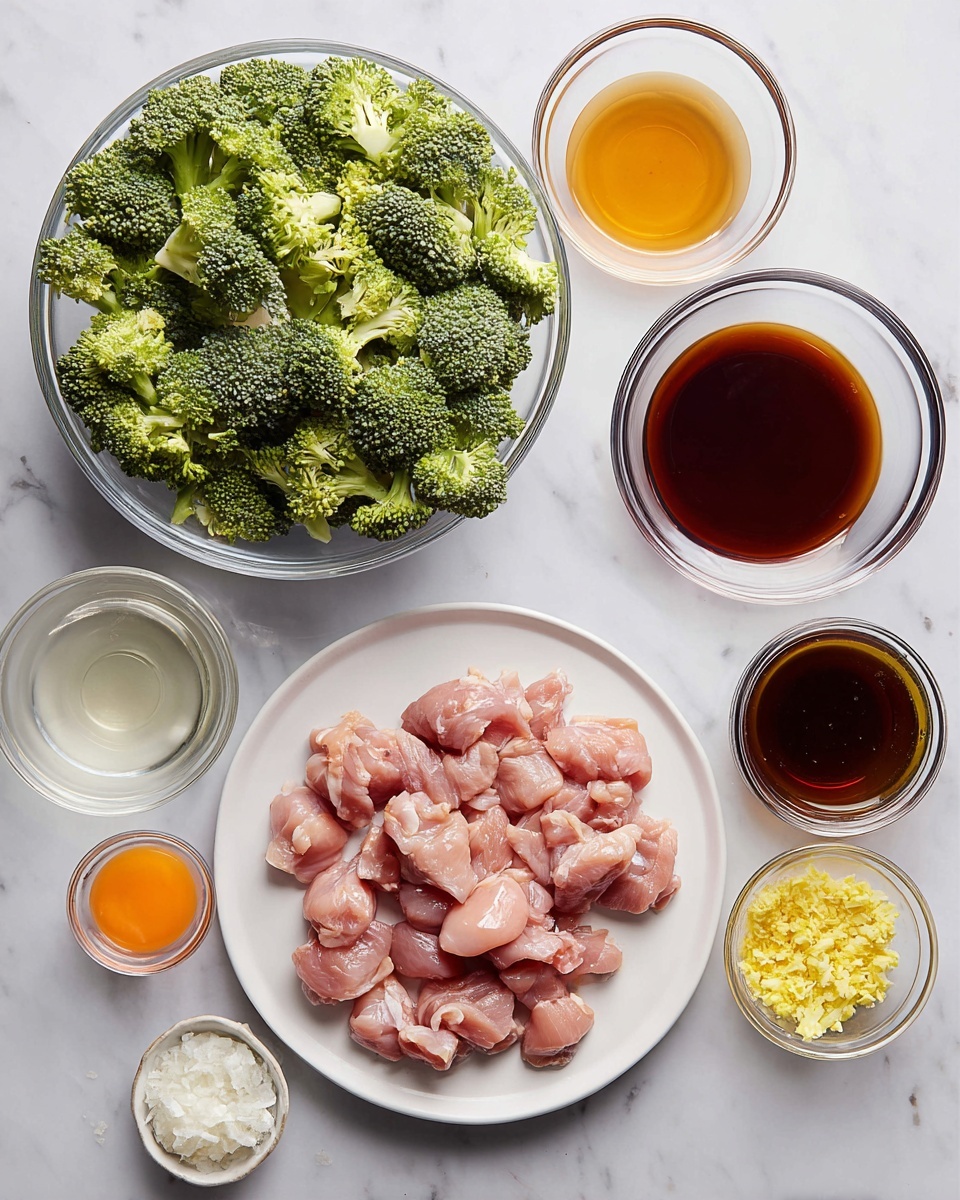 A white plate filled with small pieces of raw pink chicken sits on a white marbled surface. To the left, a large clear glass bowl holds many green broccoli florets with light green stems. Above the plate are three clear glass bowls: one with a light brown liquid, another with a dark brown liquid, and a smaller bowl with an amber liquid. Below the broccoli bowl, in a small clear glass cup, there is a light clear liquid, and nearby are three small glass bowls arranged vertically filled with orange liquid, chopped white garlic, and yellow grated ginger. There is also a small bowl with white powder. The setup shows all ingredients neatly spread out, ready for cooking. photo taken with an iphone --ar 4:5 --v 7