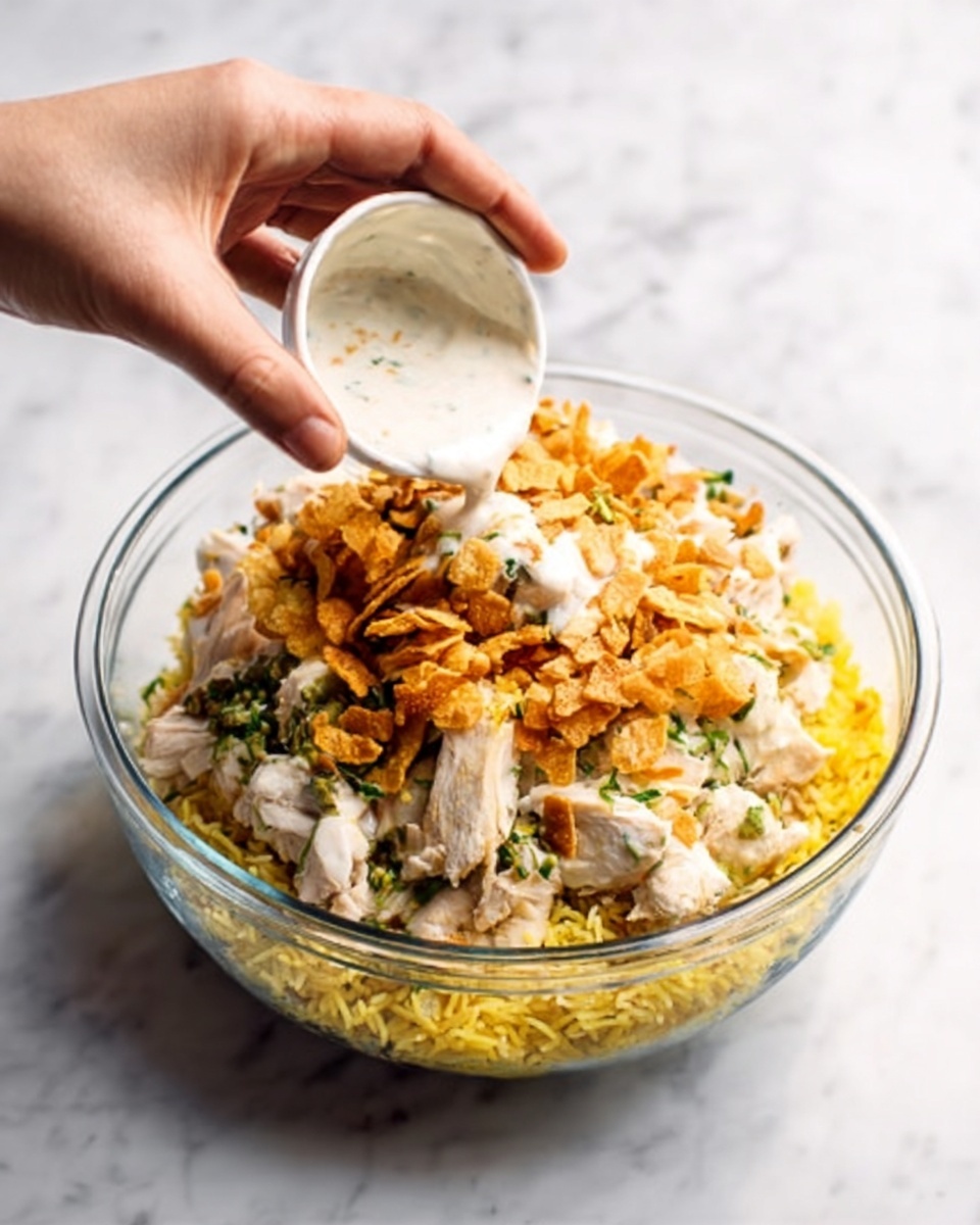 A clear glass bowl with three layers of food: a bottom layer of yellow rice, a middle layer of white cooked chicken pieces, and a top layer with small pieces of orange crispy chips mixed with green herbs. A woman's hand is holding a small white bowl, pouring additional white creamy sauce over the top of the layers. The bowl rests on a white marbled surface. photo taken with an iphone --ar 4:5 --v 7