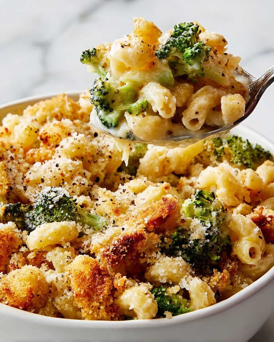 A close-up of a white bowl filled with baked macaroni and cheese mixed with vibrant green broccoli pieces. The dish has several layers showing golden crispy breadcrumbs on top, creamy light-yellow cheese sauce coating elbow pasta, and tender green broccoli florets scattered throughout. The top layer is topped with a sprinkle of black pepper and grated cheese, adding texture and color contrast. A silver spoon is lifting a serving from the bowl, showing the mixed layers clearly against a white marbled surface in the background. Photo taken with an iphone --ar 4:5 --v 7