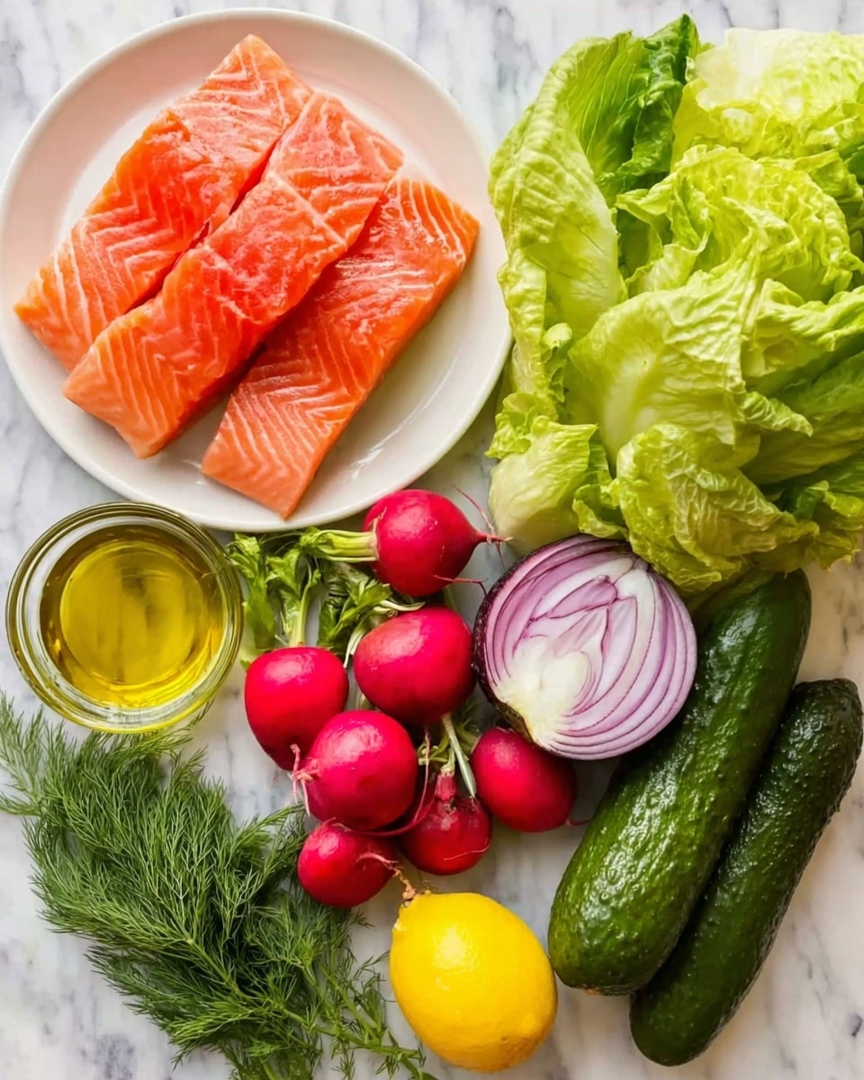 The image shows a white plate with several pieces of bright orange salmon fillet, located on the left side of the picture. To the right of the plate, there is a bunch of fresh green romaine lettuce leaves stacked closely together. Below the lettuce, there are two dark green avocados placed side by side. In the center, a cluster of round, red radishes with green leaves sits right next to a halved red onion showing its purple and white rings. Below the radishes is a whole yellow lemon. Below the lemon is a long, dark green cucumber placed horizontally with some small sprigs of fresh dill beside it. A small clear glass bowl filled with golden olive oil is positioned next to the cucumbers. All the items are laid out on a white marbled surface. photo taken with an iphone --ar 4:5 --v 7
