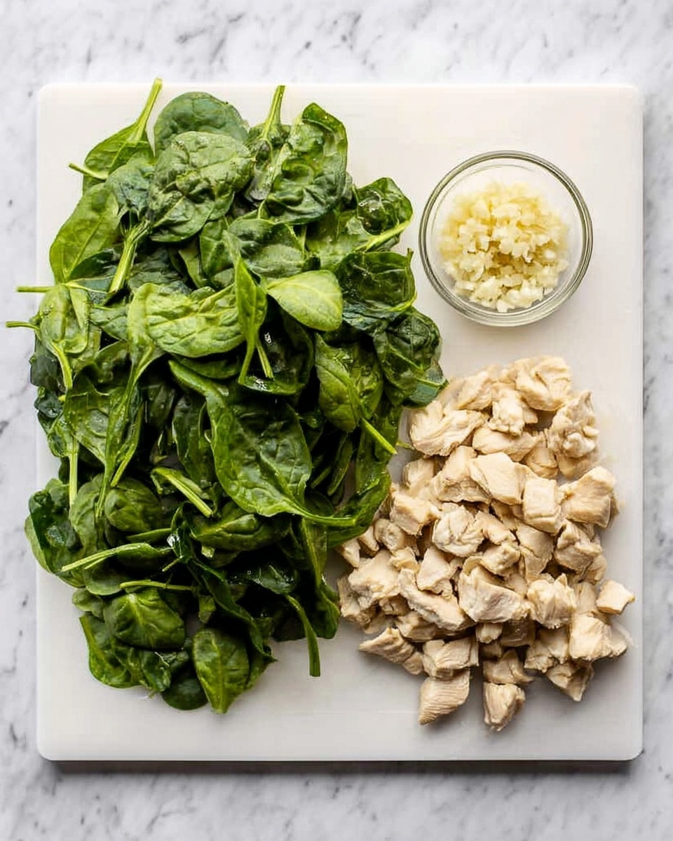 The image shows a white cutting board on a white marbled surface with two main piles of ingredients side by side. On the left, there is a large pile of bright green leafy spinach, fresh and dense with varied leaf shapes. On the right, there is a pile of chopped light beige cooked chicken pieces, irregular in shape and size. Above the chicken, there is a small clear glass bowl containing finely minced garlic. The overall scene is bright and clean, focusing on the fresh and simple ingredients. photo taken with an iphone --ar 4:5 --v 7