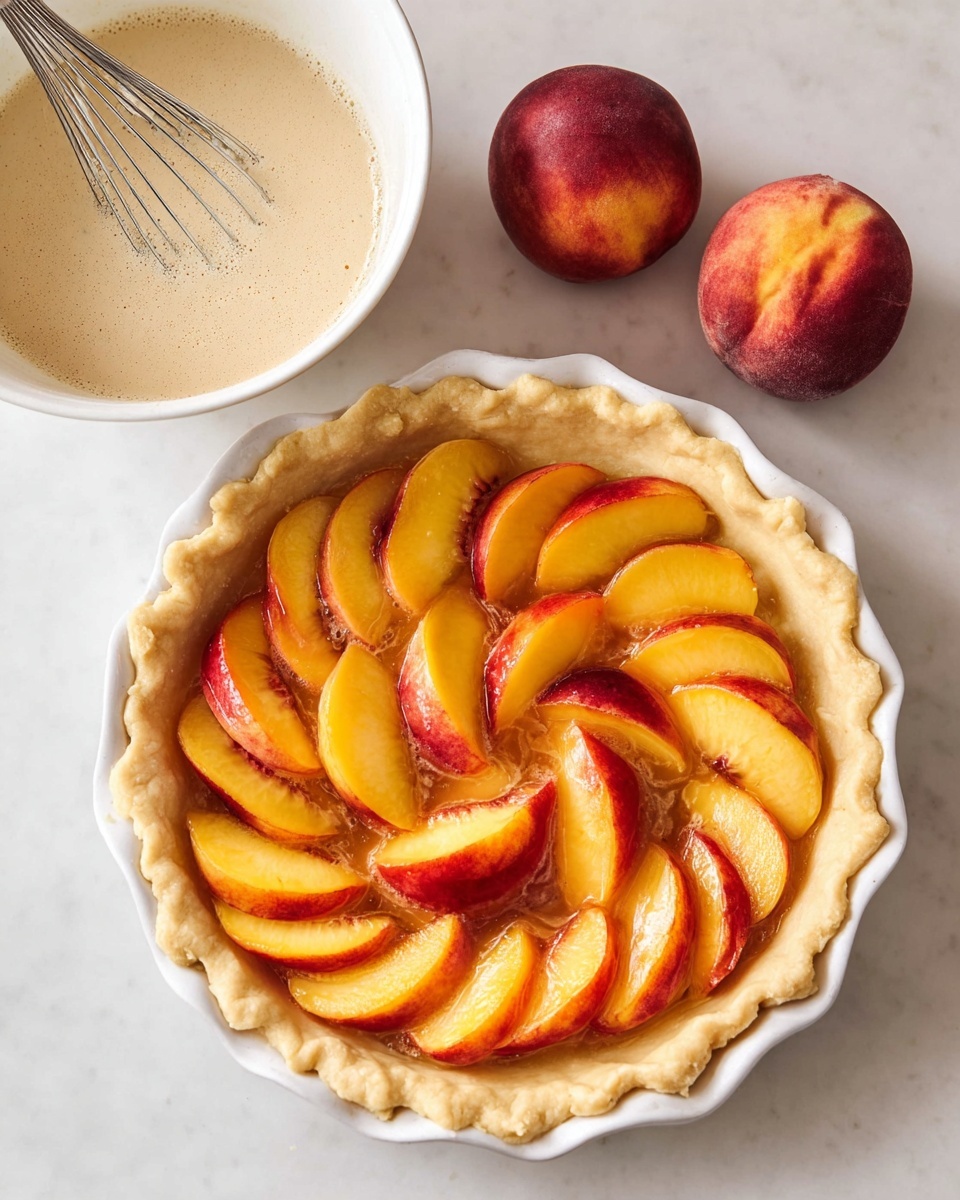 A white pie dish holds an unbaked pie crust with scalloped edges, filled with two spiral layers of fresh peach slices showing their yellow and orange-red skin and flesh. The outer spiral has larger peach slices, while the inner spiral is smaller and tightly arranged. To the upper left, a white bowl contains a pale beige, frothy liquid mixture with a metal whisk resting inside. Two whole peaches are placed to the upper right on a white marbled surface. The lighting highlights the soft textures of the crust and the juicy sheen on the peach slices. photo taken with an iphone --ar 4:5 --v 7