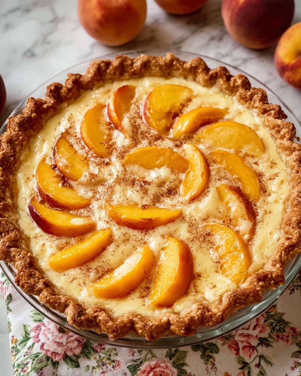 A peach pie with a golden-brown crust that is thick and crimped on the edges, holding a creamy pale yellow filling. On top of the filling, there are evenly spaced peach slices that are bright orange with touches of red skin, some slightly shiny and soft-looking. The filling is sprinkled with a light dusting of brown spice. The pie is in a clear glass dish placed on a white marbled surface with whole peaches and a floral-patterned cloth nearby. Photo taken with an iphone --ar 4:5 --v 7