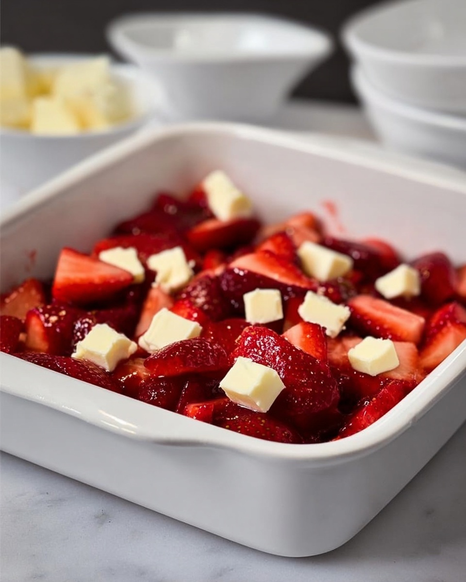 The image shows a white square baking dish filled with sliced strawberries that are deep red and glossy, arranged in one even layer. Scattered on top of the strawberries are small cubes of pale yellow butter, creating a contrast in color and texture. The dish is set on a white marbled surface, giving a clean and bright background. In the blurred background, parts of white bowls are visible. The overall look is fresh and simple, focusing mainly on the strawberries and butter pieces in the dish photo taken with an iphone --ar 4:5 --v 7