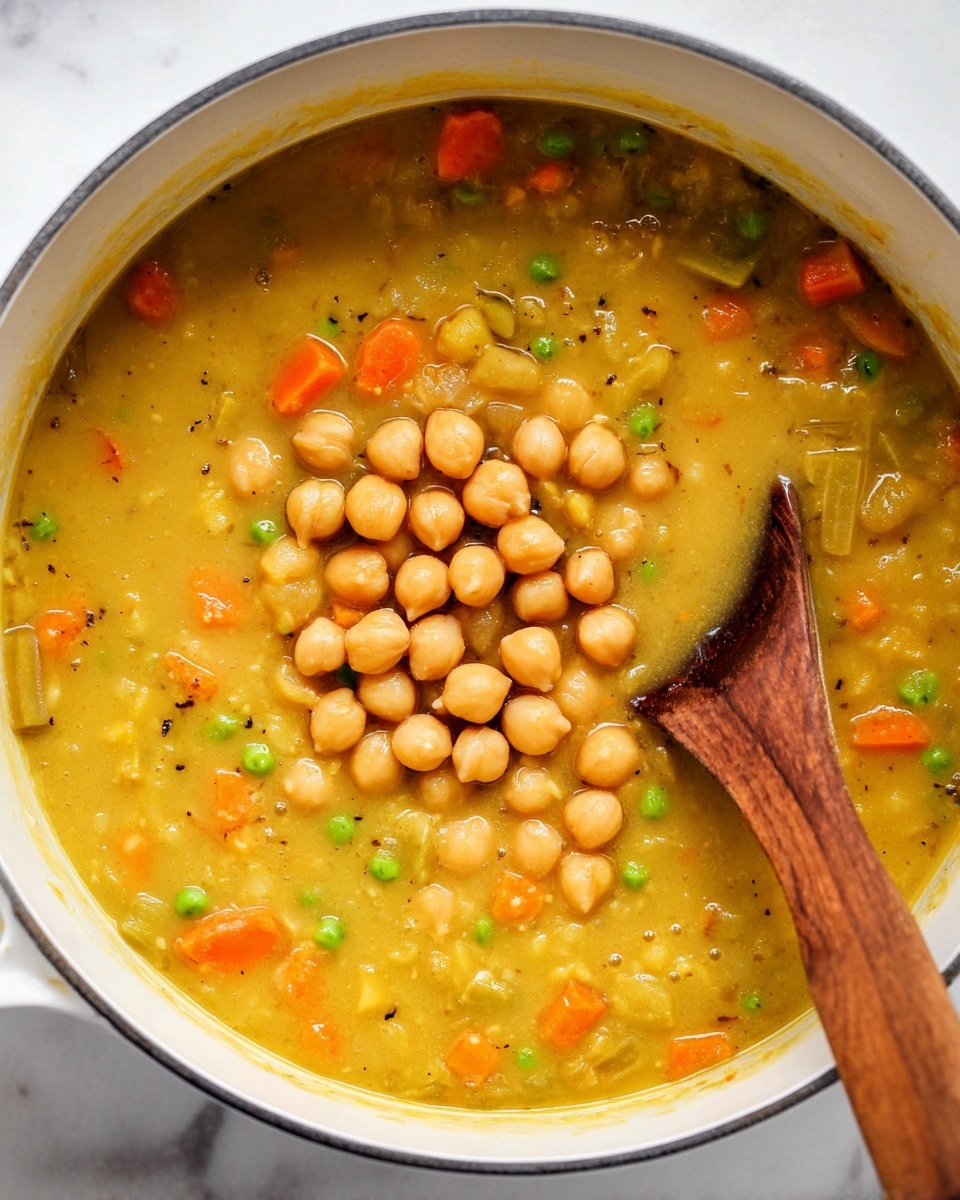 A close-up top view of a white pot filled with thick yellow soup that has visible chunks of orange carrot, green peas, and pale celery. On top in the center, a pile of whole, round light brown chickpeas is placed. A wooden spoon with a rich brown color rests inside the pot on the right side, partially covered by the soup. The background shows a white marbled surface under the pot. photo taken with an iphone --ar 4:5 --v 7