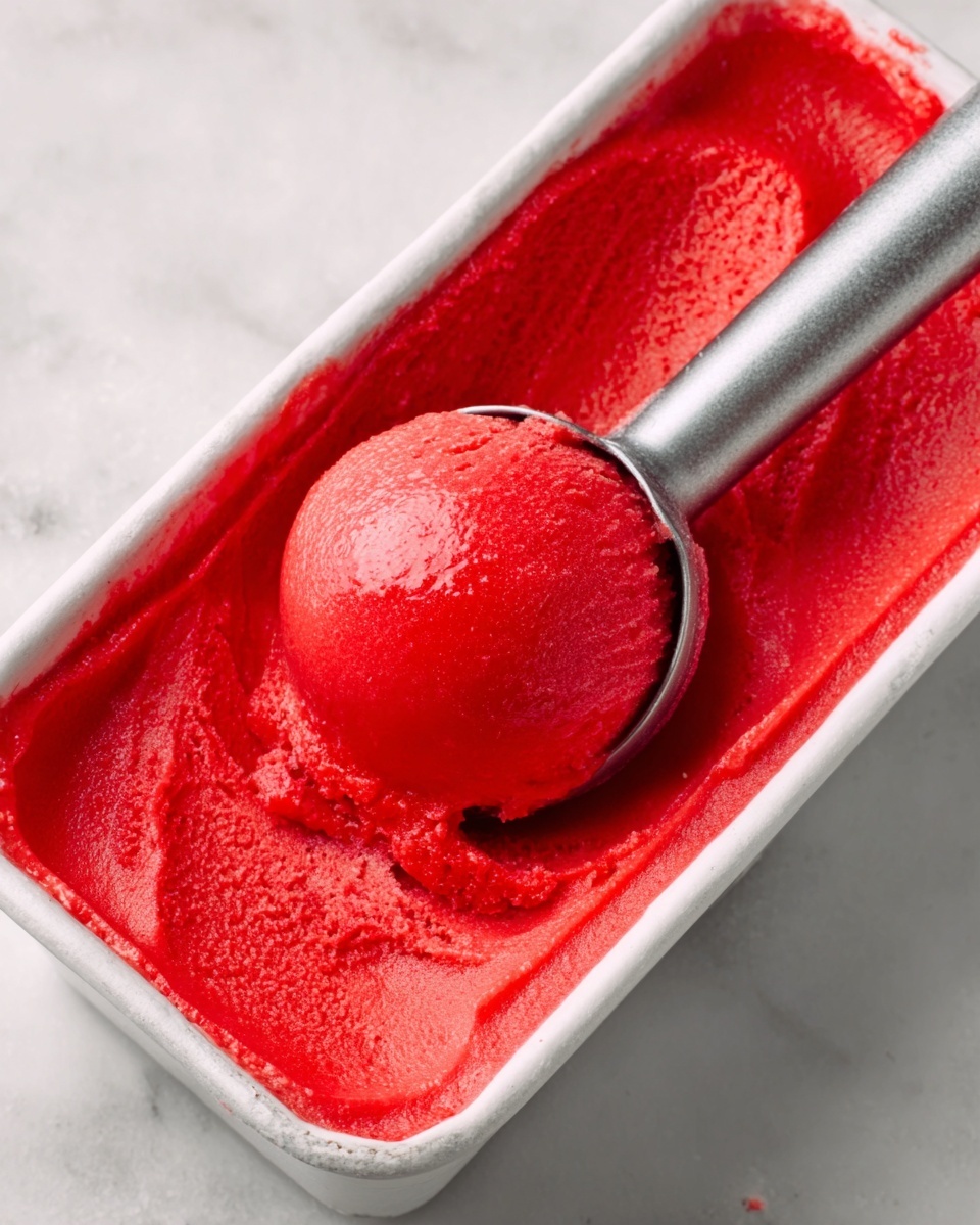 The image shows a rectangular white container filled with bright red smooth sorbet. A silver ice cream scoop with a rounded shape is scooping out a ball of the sorbet, lifting it above the container. The sorbet inside the container has smooth, even texture with some shine. The background is a white marbled surface. photo taken with an iphone --ar 4:5 --v 7