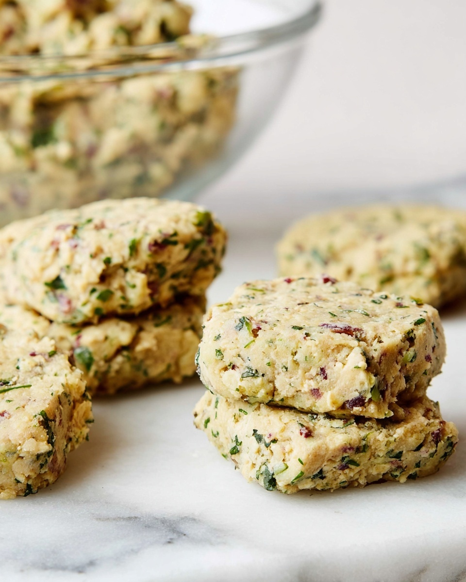 The image shows four small, square patties made from a mixture of beige and light green with visible specks of red and darker green herbs, placed on a white marbled surface. The patties have a rough, crumbly texture with uneven edges, suggesting they are homemade. In the blurred background, a clear glass bowl filled with the same mixture is partially visible. The overall tone is soft and natural. photo taken with an iphone --ar 4:5 --v 7