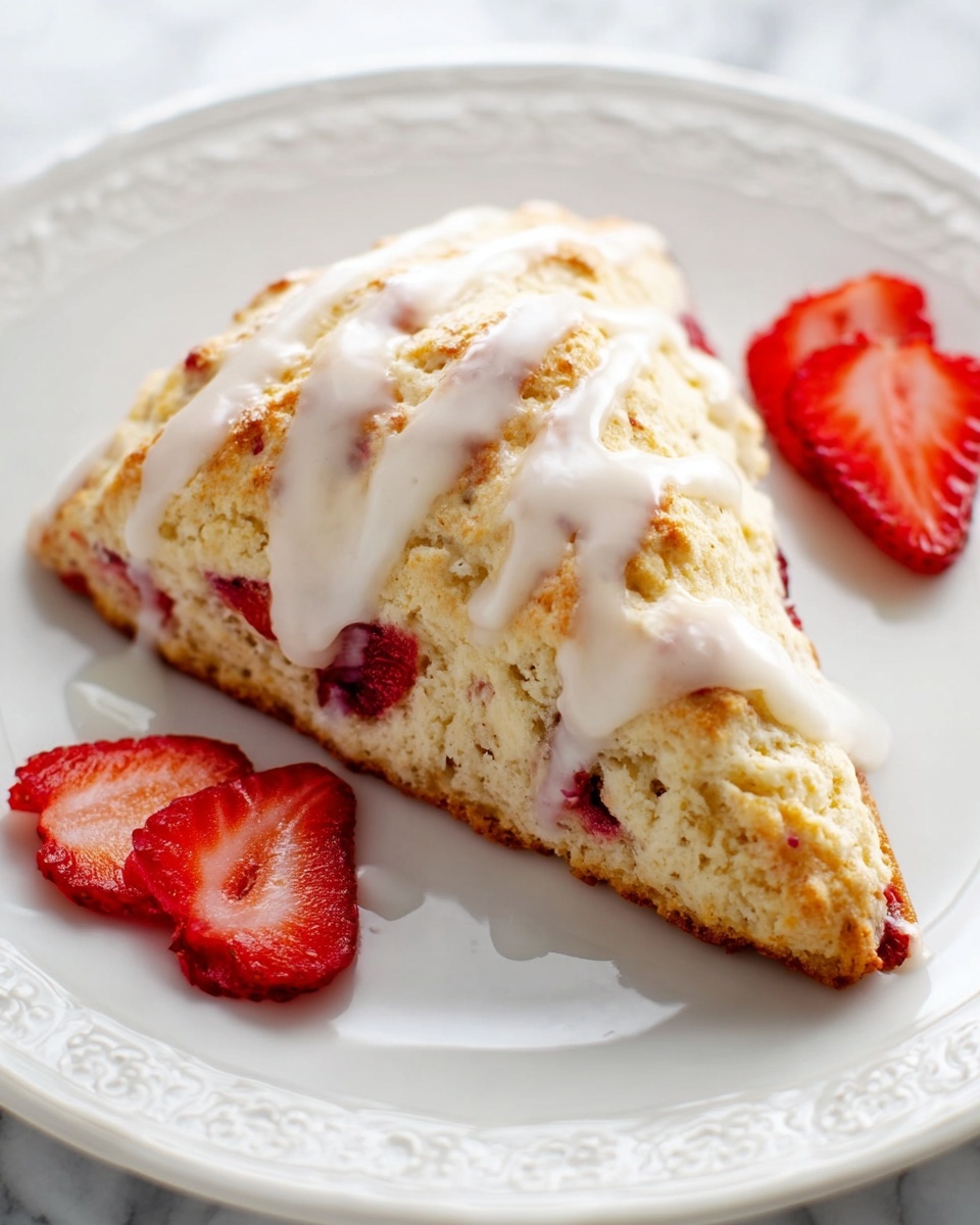Strawberries and Cream Scones Recipe 5 A triangular strawberry scone with a light golden-brown crust, containing visible red strawberry pieces inside the soft, crumbly dough, topped with thick white icing drizzled unevenly across the top. It sits on a white plate with a delicate embossed rim, placed on a white marbled surface. Around the scone, there are three sliced strawberry halves, adding a fresh red contrast to the scene. Photo taken with an iphone --ar 4:5 --v 7