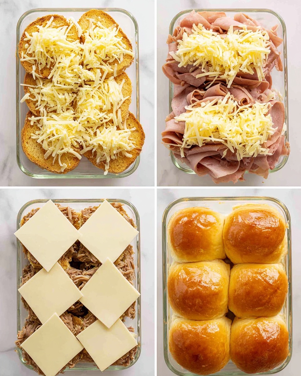 The image shows four stages of making a sandwich dish arranged in a 2x2 grid, each stage in a clear glass dish on a white marbled surface. The first stage in the top left has a layer of round toasted bread slices topped with a toasted golden color and shredded light yellow cheese. The top right shows the same bread and cheese base with thin layers of pinkish-brown sliced deli roast beef neatly spread over the top. The bottom left stage adds round white slices of cheese evenly layered on top of the roast beef. The final stage in the bottom right features a top layer of shiny, golden-brown baked soft slider buns, fresh from the oven, covering the layers completely and giving a warm, inviting look. Photo taken with an iphone --ar 4:5 --v 7