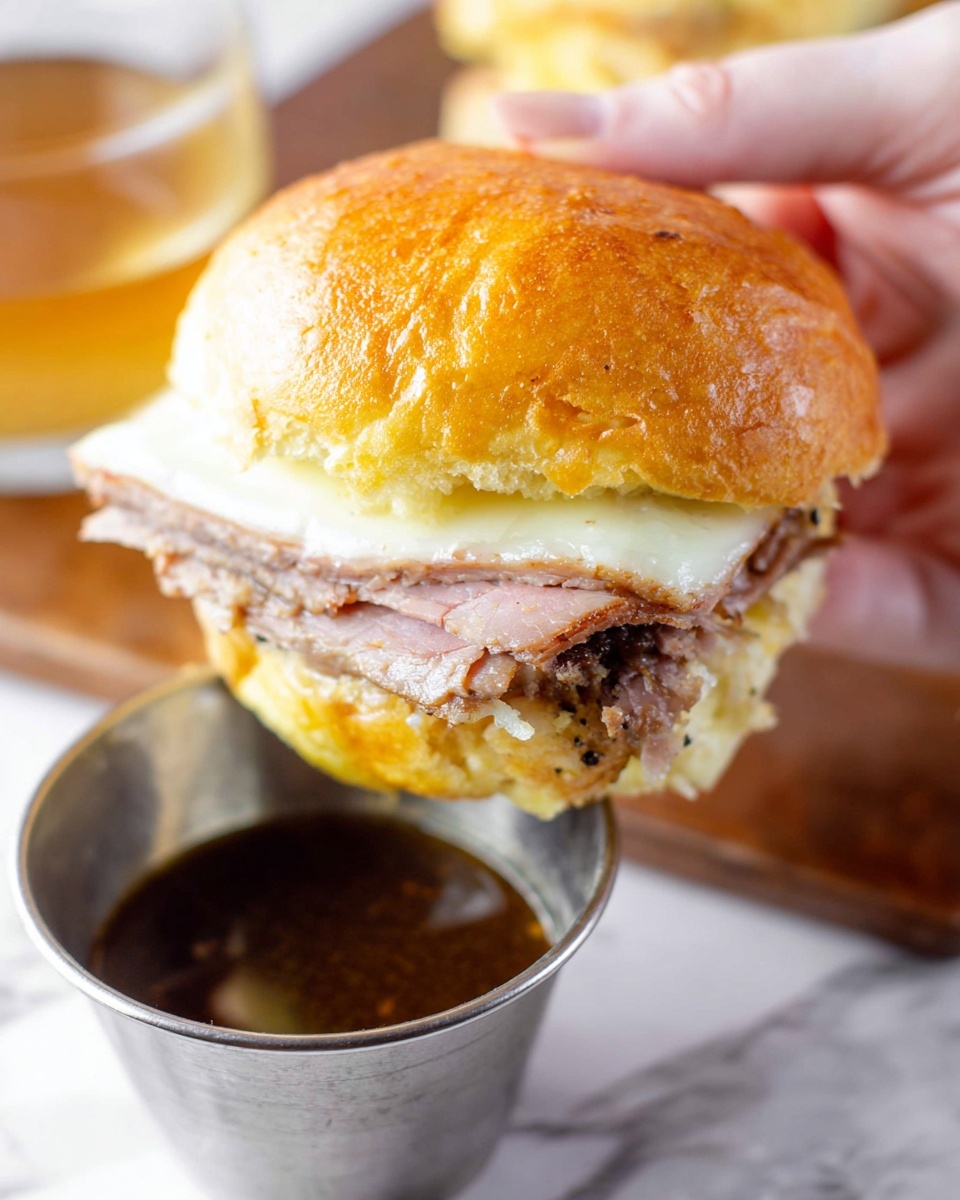 A close-up of a small sandwich held by a woman's hand, with a shiny golden brown soft bun on top. Inside, there are two layers: thin slices of cooked meat in the middle with a slightly browned and textured look, and a layer of melted white cheese just above the meat. Below the sandwich, there is a small metal cup filled with a dark liquid sauce, set on a white marbled surface. The background is softly blurred, focusing on the sandwich and sauce. photo taken with an iphone --ar 4:5 --v 7