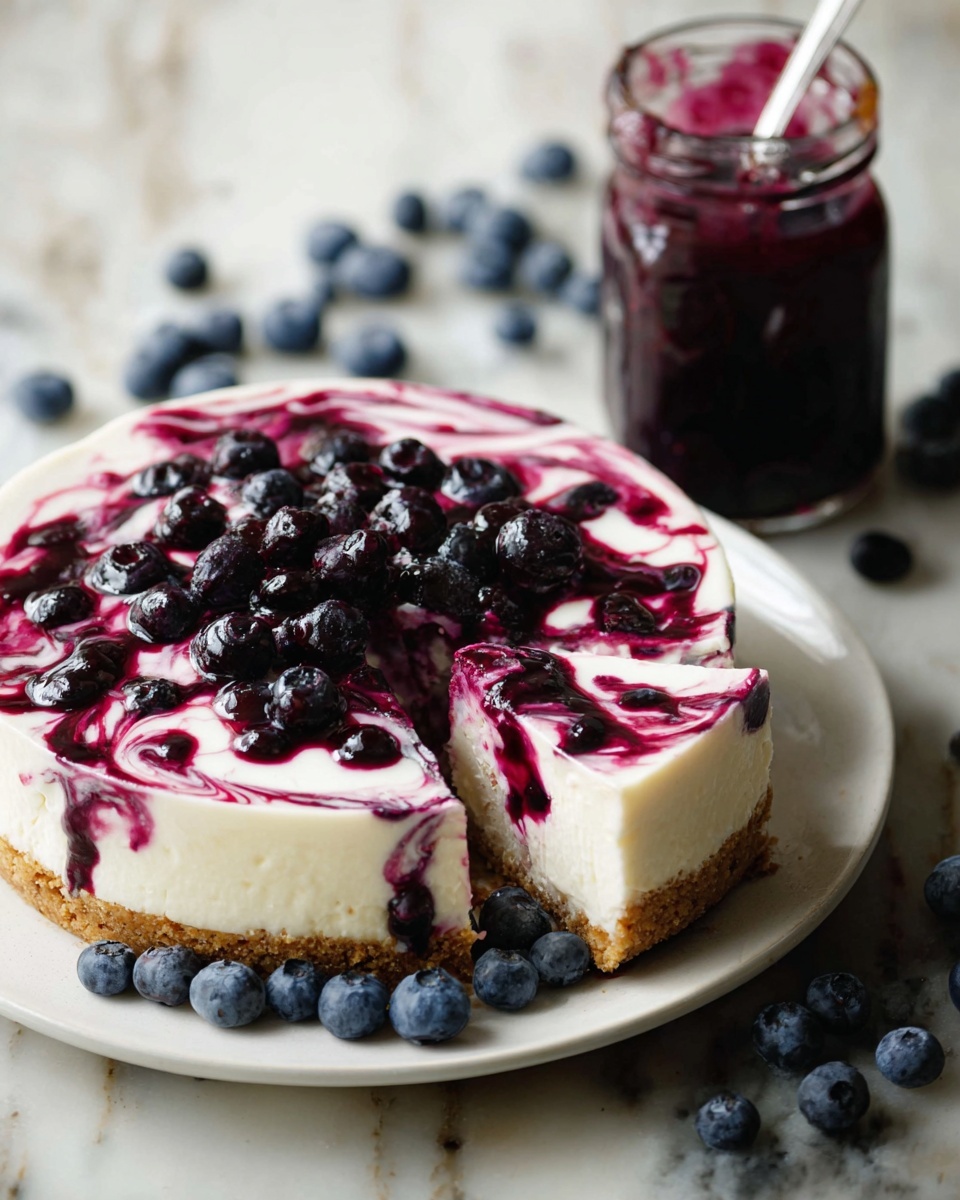 A cheesecake with two visible layers is shown on a white plate sitting on a white marbled surface. The bottom layer is a crumbly light brown crust, and the top layer is a smooth creamy white cheesecake. The top surface is decorated with mixed dark purple blueberry sauce swirled into the cream in a marbled pattern, studded with whole blueberries. Around the plate, fresh blueberries are scattered, with a glass jar filled with more blueberry sauce placed beside the cheesecake. photo taken with an iphone --ar 4:5 --v 7
