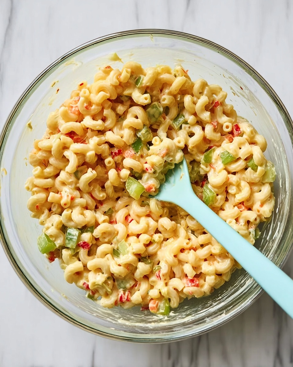 A clear glass bowl filled with elbow macaroni pasta mixed with small pieces of green bell pepper and bits of red pepper, all coated in a creamy yellow sauce. A pale blue spoon is placed inside the bowl, partially submerged in the pasta mixture, resting near the center. The bowl is sitting on a white marbled surface. Photo taken with an iphone --ar 4:5 --v 7