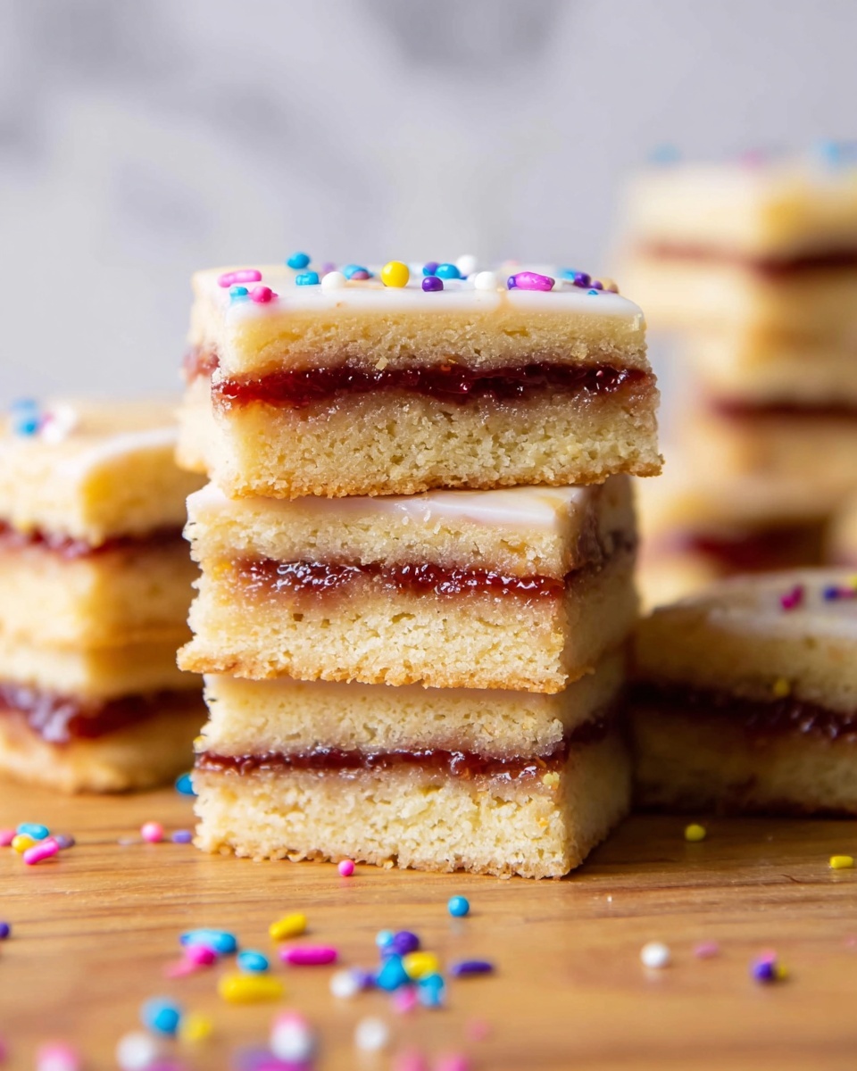 The image shows a stack of square, two-layer blondie bars with a smooth, sticky jam layer in the middle. The top layer is light golden brown with a slightly fluffy texture, and on top, there is a thin white icing sprinkled with small colorful round sprinkles in red, blue, yellow, and purple. The layers are thick and even, with the jam layer dark red and glossy, nestled between the soft cake layers. The bars are placed on a wooden surface with scattered colorful sprinkles around, and the background is a white marbled texture. photo taken with an iphone --ar 4:5 --v 7
