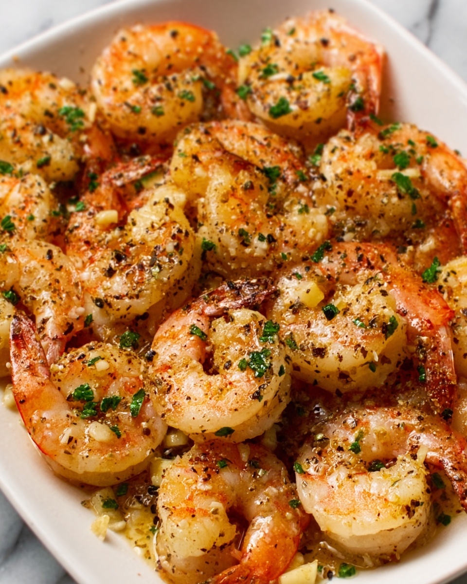 The image shows a white dish filled with cooked shrimp arranged close together in a single layer, each shrimp is pink and slightly browned with visible seasoning on top like black pepper and green herbs sprinkled evenly. The shrimp have a slight shine from butter or oil, giving them a moist texture. Small chunks of garlic and bits of green herb are spread throughout the dish, adding more color contrast. The background is a white marbled texture. photo taken with an iphone --ar 4:5 --v 7