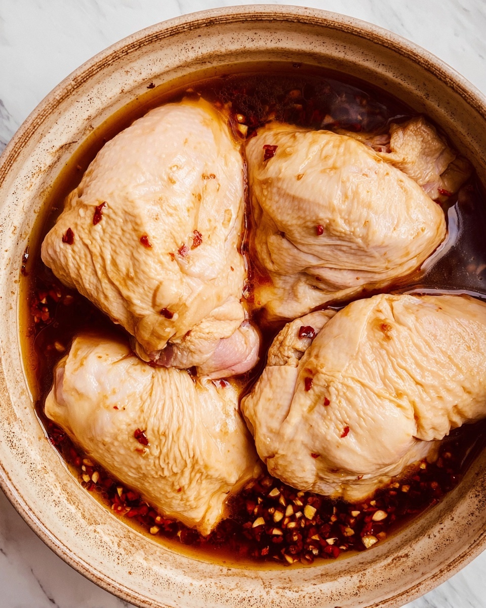 Four large pieces of raw chicken with pale yellow skin, some showing a pinkish tone near the bone, are soaked in a dark brown sauce with visible small bits of minced garlic and red chili flakes. The chicken pieces have a wrinkled texture and sit closely together in a round container with a mottled beige edge. The sauce adds a shiny, slightly oily surface to the chicken. The background shows a white marbled texture. photo taken with an iphone --ar 4:5 --v 7
