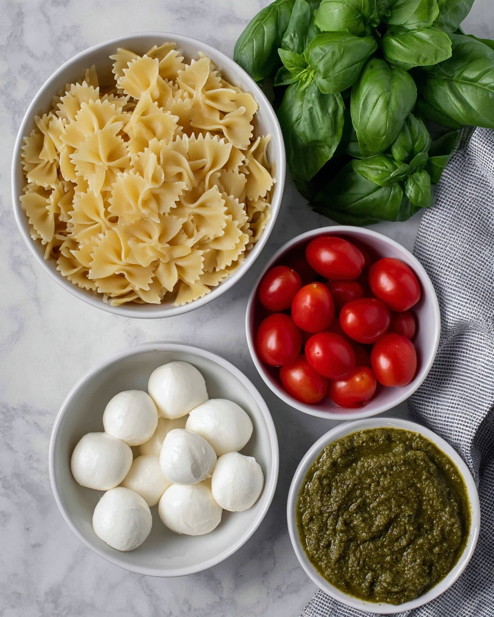 The image shows four bowls and some fresh basil leaves arranged on a white marbled surface. The largest bowl on the top left is white and filled with uncooked farfalle pasta in a light yellow color, with a smooth but slightly firm texture. To the right of this bowl is a bunch of dark green basil leaves with visible veins and a soft texture. Below the farfalle is a smaller white bowl filled with smooth, round white mozzarella balls. To the left of the mozzarella bowl is a medium-sized white bowl filled with bright red, shiny cherry tomatoes, smooth and round. On the bottom right side of the mozzarella is another white bowl containing a thick, textured green pesto sauce with an uneven surface. A gray and white kitchen cloth is seen partially on the right side. Photo taken with an iphone --ar 4:5 --v 7