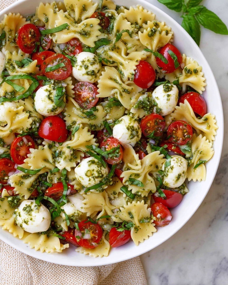 The image shows a white bowl filled with a fresh pasta salad composed of three main layers: first, yellowish bowtie pasta with a smooth texture spread evenly throughout; second, bright red cherry tomatoes halved, some whole, scattered on top and mixed in; third, small white mozzarella balls covered in green pesto, evenly mixed with chopped fresh green basil leaves and some finely diced onions. The salad is tossed with a green herb dressing that coats all the ingredients lightly, adding a glossy finish. The bowl sits on a white marbled surface with a soft beige textured cloth nearby. photo taken with an iphone --ar 4:5 --v 7