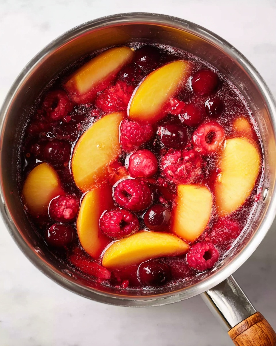 A top view of a silver pot filled with a mixture of fruit pieces and liquid on a white marbled surface. Inside the pot, there are yellow peach or apple slices with smooth edges, mixed with whole and small red raspberries and some smaller red berries, all covered in a deep red liquid that looks juicy and bright. The pot has a silver handle and a wooden grip on one side. The colors include bright yellow, deep red, and the shiny silver of the pot. photo taken with an iphone --ar 4:5 --v 7