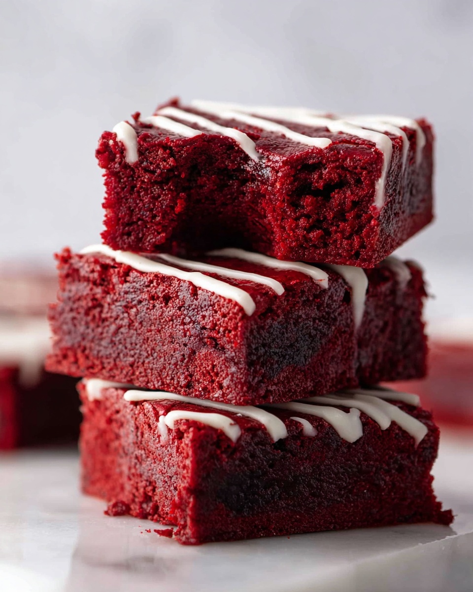 The image shows three stacked red velvet brownies on a white marbled surface. The top brownie has a bite taken out, revealing a moist, deep red interior with a soft texture. Each brownie layer is thick and square with a rich red color mixed with dark specks. The top layer is decorated with thin white icing lines drizzled across the surface. The background is softly blurred with a white and gray tone, keeping focus on the brownies. Photo taken with an iphone --ar 4:5 --v 7