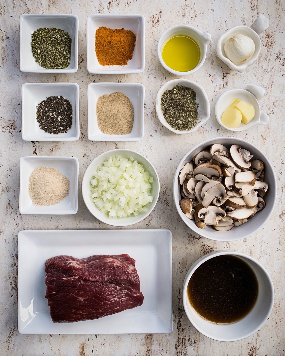 The image shows a flat layout of cooking ingredients on a white marbled surface. In the top row, there are eight small white square bowls with different contents: four on the left containing green herbs, orange powder, black pepper, and minced garlic, and four on the right containing dried herbs, a light brown powder, a white powder, and a yellow liquid, likely olive oil. Below these, on the left, there is a large white rectangular plate holding a large piece of raw, dark red meat. Next to it, in the middle, a medium white bowl filled with finely chopped white onions, and to the right, a medium white bowl full of sliced brown mushrooms. Finally, at the bottom right, a large white bowl contains a dark brown liquid. The items are evenly spaced and neatly arranged. photo taken with an iphone --ar 4:5 --v 7