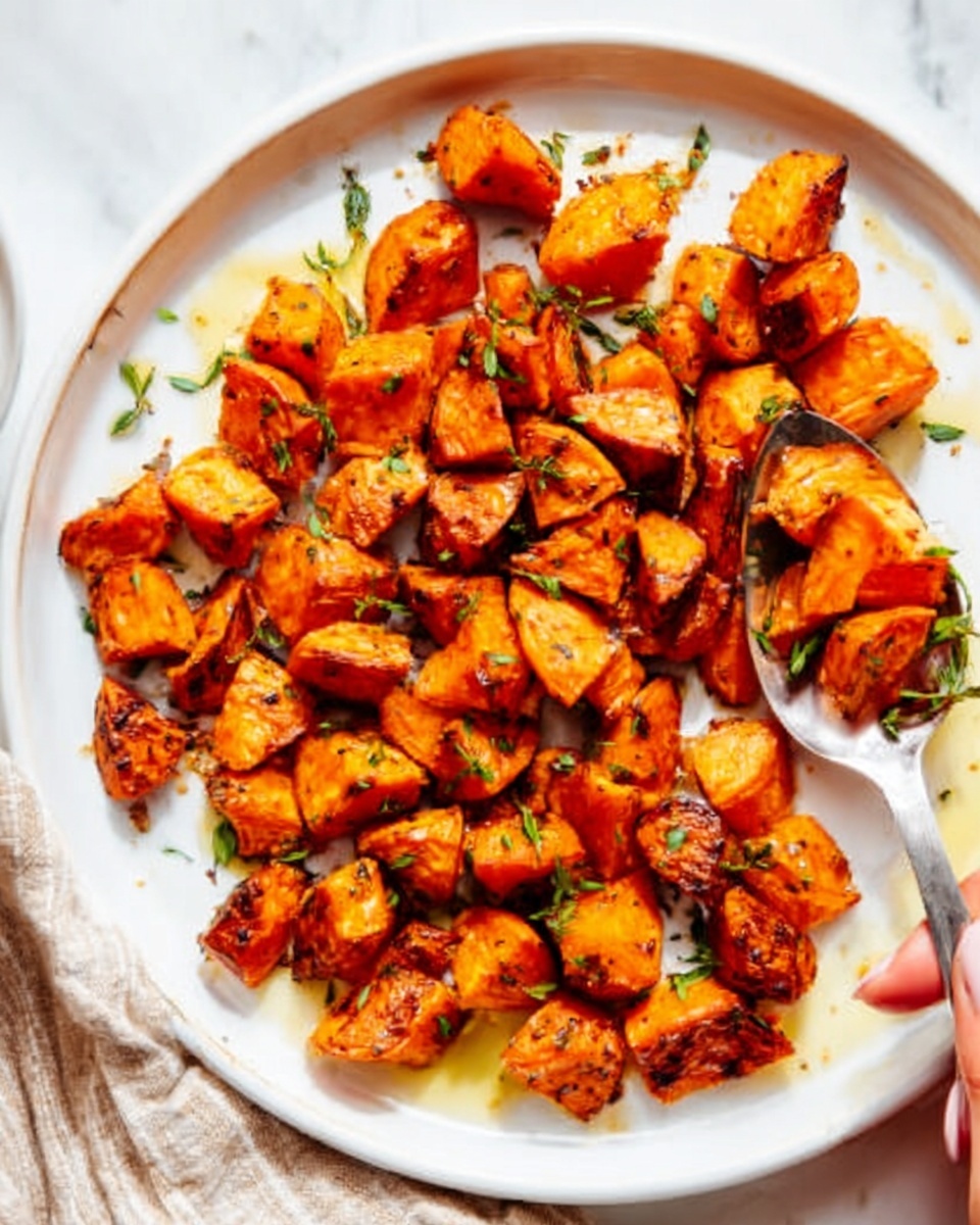 The image shows many pieces of roasted sweet potato with a golden orange color and slightly dark brown grilled marks on the edges and flat surfaces. The chunky pieces have a soft texture with a shiny glaze of oil giving them a glossy look. Small fresh green herb leaves are scattered over the potatoes, adding a fresh contrast. Some black pepper and seasoning grains are visible sprinkled lightly on top and around the potatoes. The dish sits on a white plate placed on a white marbled surface, with a metal spoon partially visible on the left side. photo taken with an iphone --ar 4:5 --v 7