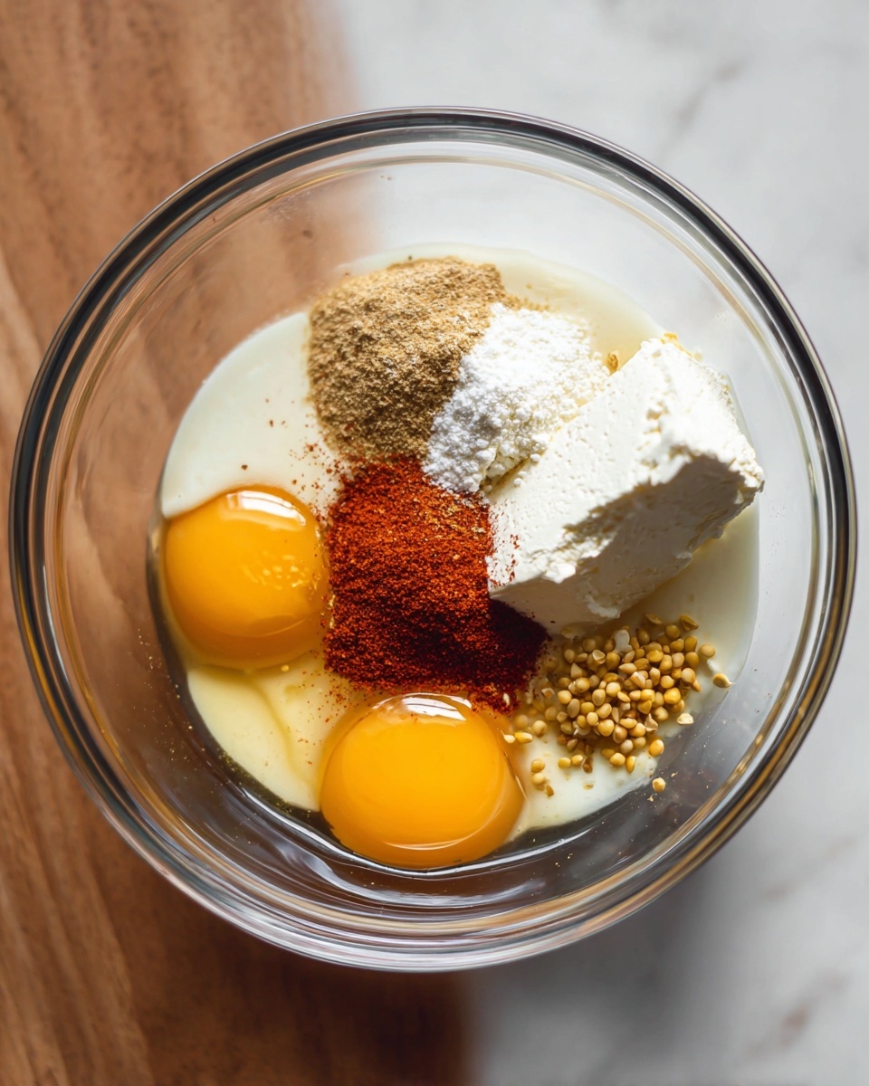 In a clear glass bowl, there are two whole raw egg yolks sitting on a layer of clear egg whites. Next to the eggs is a thick white block of cream cheese placed on one side. On top of the egg whites and around the cream cheese, there are small piles of different spices: a light brown powder, a white granulated layer, a reddish powder, and some round yellow and brown seeds clustered near the reddish powder. The bowl is on a white marbled surface with soft, natural light showing the colors and textures clearly. Photo taken with an iphone --ar 4:5 --v 7
