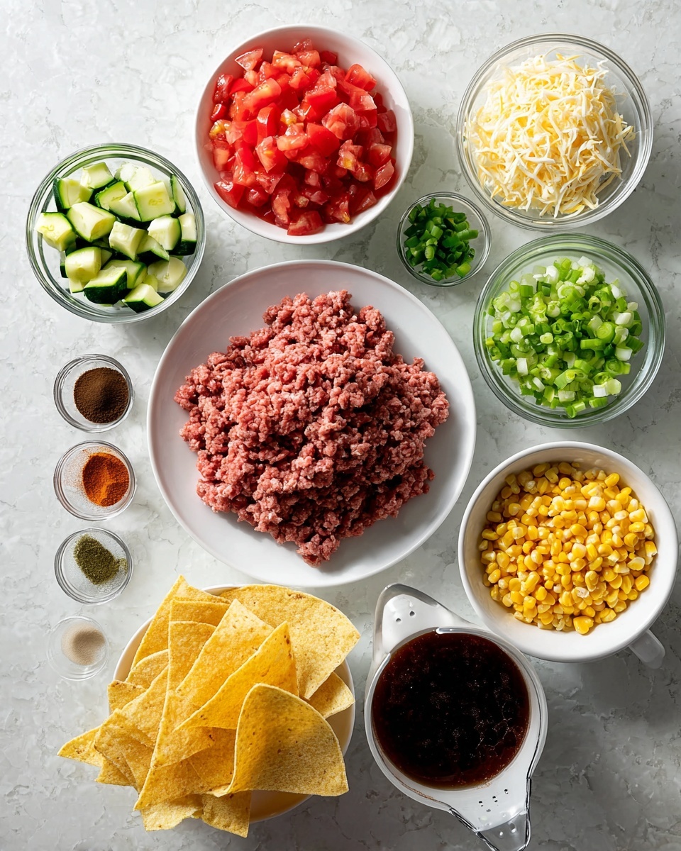 A top-down view of various cooking ingredients arranged neatly on a white marbled surface, featuring a large white plate in the center with raw ground meat in a rough, pink-red texture. Surrounding it, at the top left, a white bowl filled with finely chopped red tomatoes, below it a clear glass bowl with chopped green zucchini pieces. To the right of the zucchini, a small white plate holds four spices in small piles—light brown, dark red, green, and beige powders. At the top right, a clear bowl is filled with a mix of shredded white and yellow cheese. Below the cheese bowl, a small white bowl contains sliced green onions. To the bottom right of the meat, a white colander holds shiny black beans. A white bowl filled with frozen yellow corn kernels is placed to the bottom left of the black beans. Next to the corn and towards the left edge of the image is a pile of yellow corn tortilla wedges arranged in a fan shape. A small white bowl of additional sliced green onions is at the bottom left corner, and a clear measuring cup with a dark reddish-brown liquid sauce sits next to it. All the containers are clean and neatly filled, viewed in bright, natural light. Photo taken with an iphone --ar 4:5 --v 7