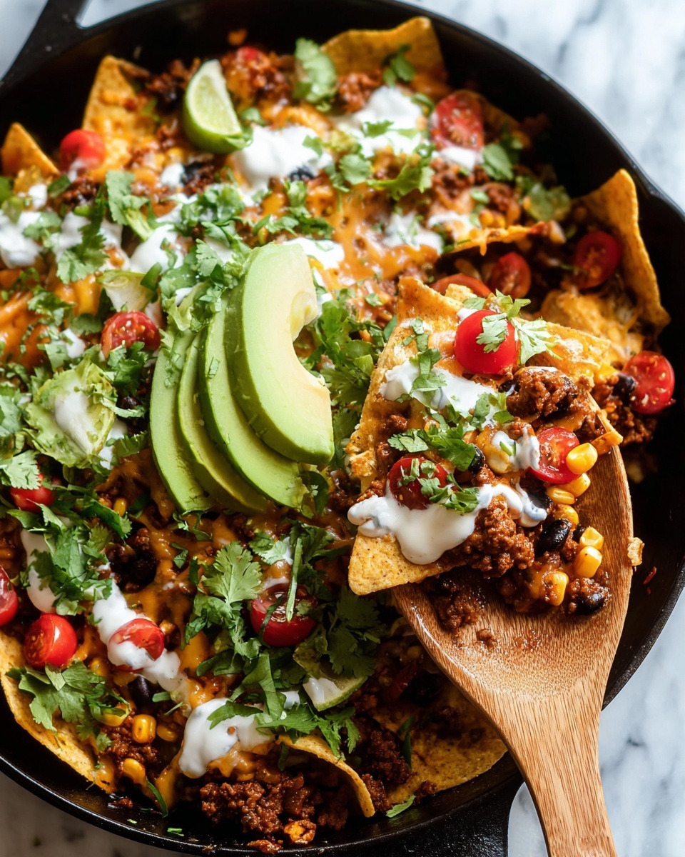 The dish shows a black pan filled with layered nachos. The bottom layer is golden yellow tortilla chips covered with a mix of cooked ground meat, black beans, yellow corn, and small pieces of red and green bell pepper. On top of the chips and meat mix, there is melted cheese that looks creamy. Over this, there are fresh green slices of avocado and bright red cherry tomato halves scattered around. White creamy sauce is drizzled over everything, with fresh green cilantro leaves and other chopped green herbs spread on top. A wedge of light green lime is also placed on the food. A wooden spoon holds a scoop of the nachos with some of the meat, beans, and corn. The background is a white marbled surface. Photo taken with an iphone --ar 4:5 --v 7