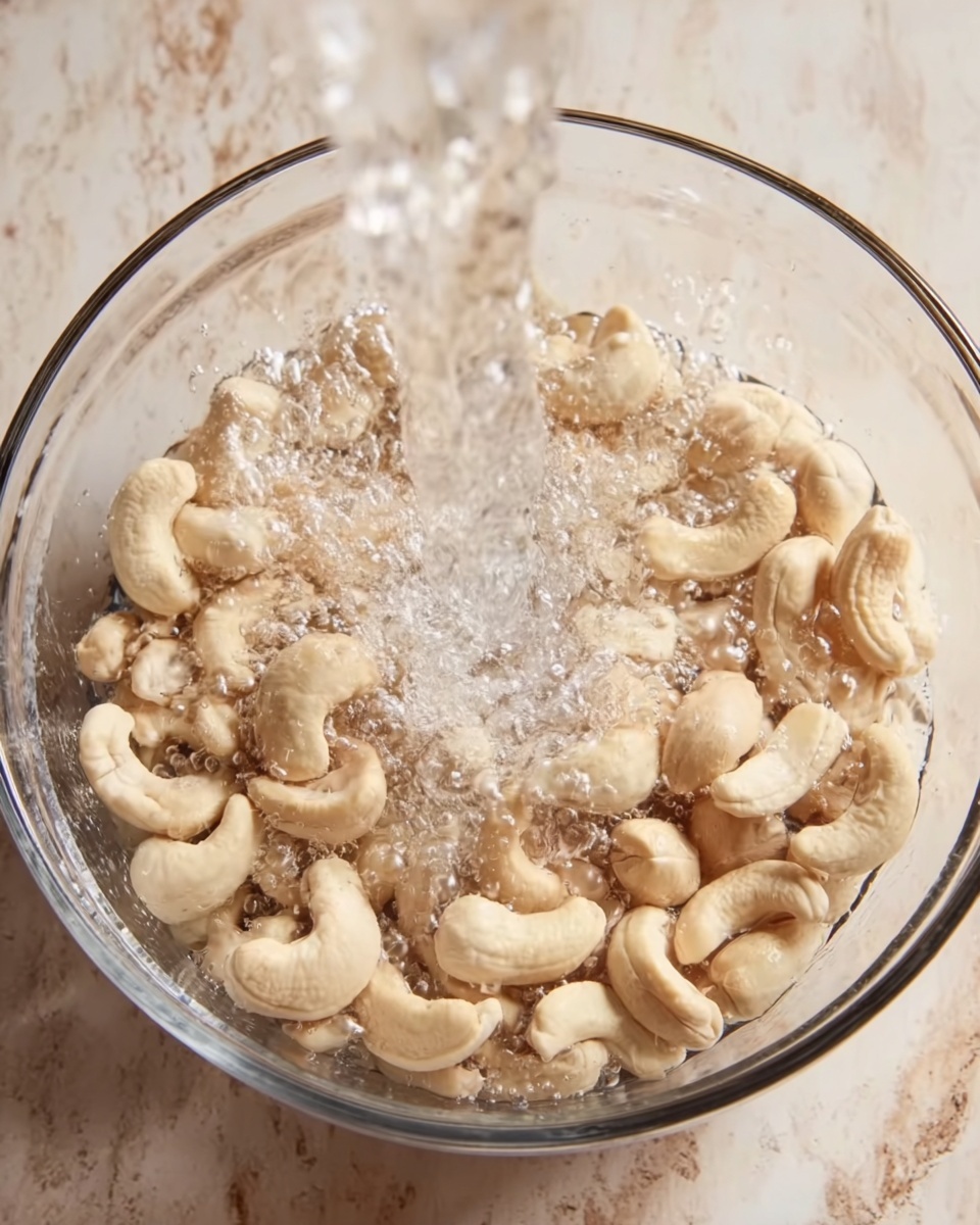 A clear glass bowl sits on a white marbled surface, filled with whole raw cashew nuts. Water pours into the bowl from above, creating bubbles and splashes around the curved, beige nuts that fill the bowl about halfway. The cashews have a smooth texture and their natural crescent shape is visible beneath the water. Photo taken with an iphone --ar 4:5 --v 7