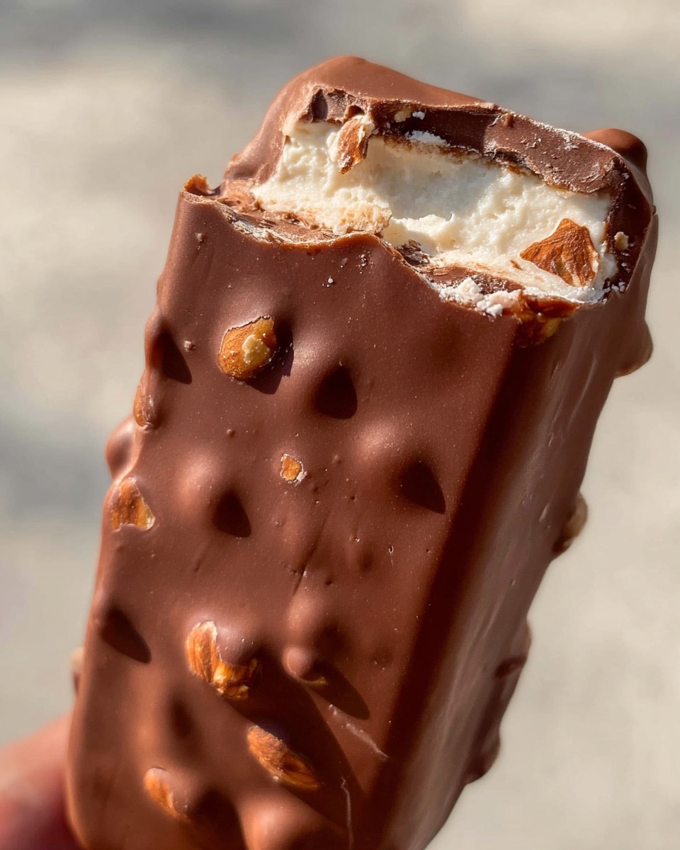 A close-up view of a bitten ice cream bar held against a blurred white marbled background. The bar has two visible layers: a thick outer layer of smooth milk chocolate embedded with evenly spaced almond pieces that give a bumpy texture, and the inside showing a creamy, white vanilla ice cream. The chocolate coating is glossy with small cracks near the bite area, and the almond pieces vary in size and stick out slightly. Soft sunlight highlights the rich brown and creamy white colors. photo taken with an iphone --ar 4:5 --v 7