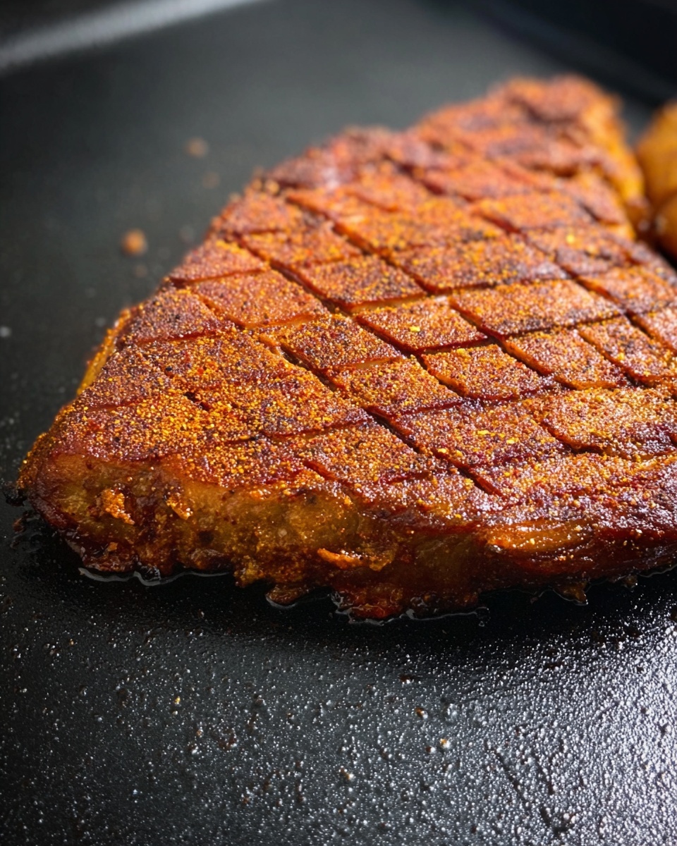 A single large piece of cooked meat with a dark brown, crispy crust sits on a black flat cooking surface. The surface of the meat has a grid pattern of shallow cuts, showing a textured, slightly rough look with reddish-brown seasoning visible. The edges of the meat are slightly curled and darker, indicating it is well cooked. The background is blurry, focusing fully on the meat's rich color and texture. photo taken with an iphone --ar 4:5 --v 7