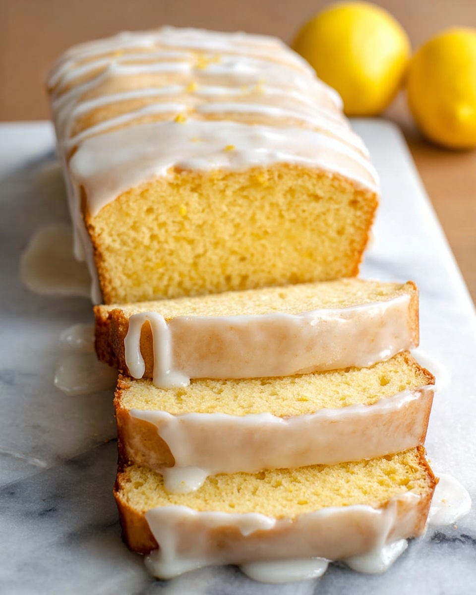 A loaf of yellow pound cake sits on a white marbled surface, topped with a smooth layer of white glaze that drips slightly down the sides. The loaf is sliced into four thick pieces at the front, showing a moist, dense crumb inside. The glaze on each slice looks shiny and slightly uneven, enhancing the homemade appearance. Two yellow lemons are partially visible in soft focus in the background, adding a fresh touch to the scene. The photo taken with an iphone --ar 4:5 --v 7