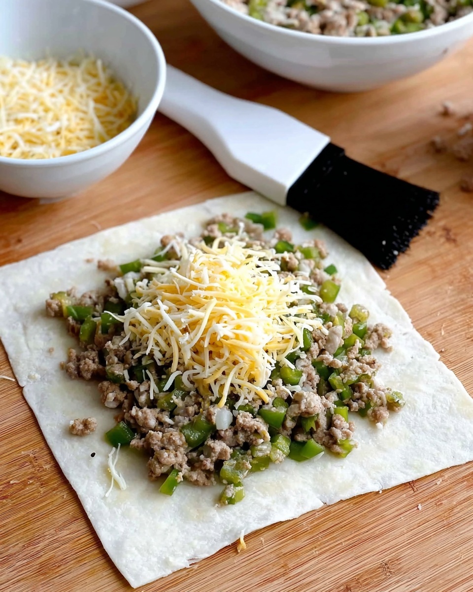 A square white wrapper lies flat on a wooden surface, topped with a small pile of shredded yellow and white cheese as the bottom layer. On top of the cheese, there is a layer of cooked ground meat mixed with chopped green peppers and small bits of white onion, giving a mix of light brown, green, and white colors with a crumbly texture. Next to the wrapper, a black silicone brush with white bristles rests on the surface. In the background, two white bowls are partially visible, one filled with more shredded cheese and the other with more of the meat and vegetable mixture. Photo taken with an iphone --ar 4:5 --v 7