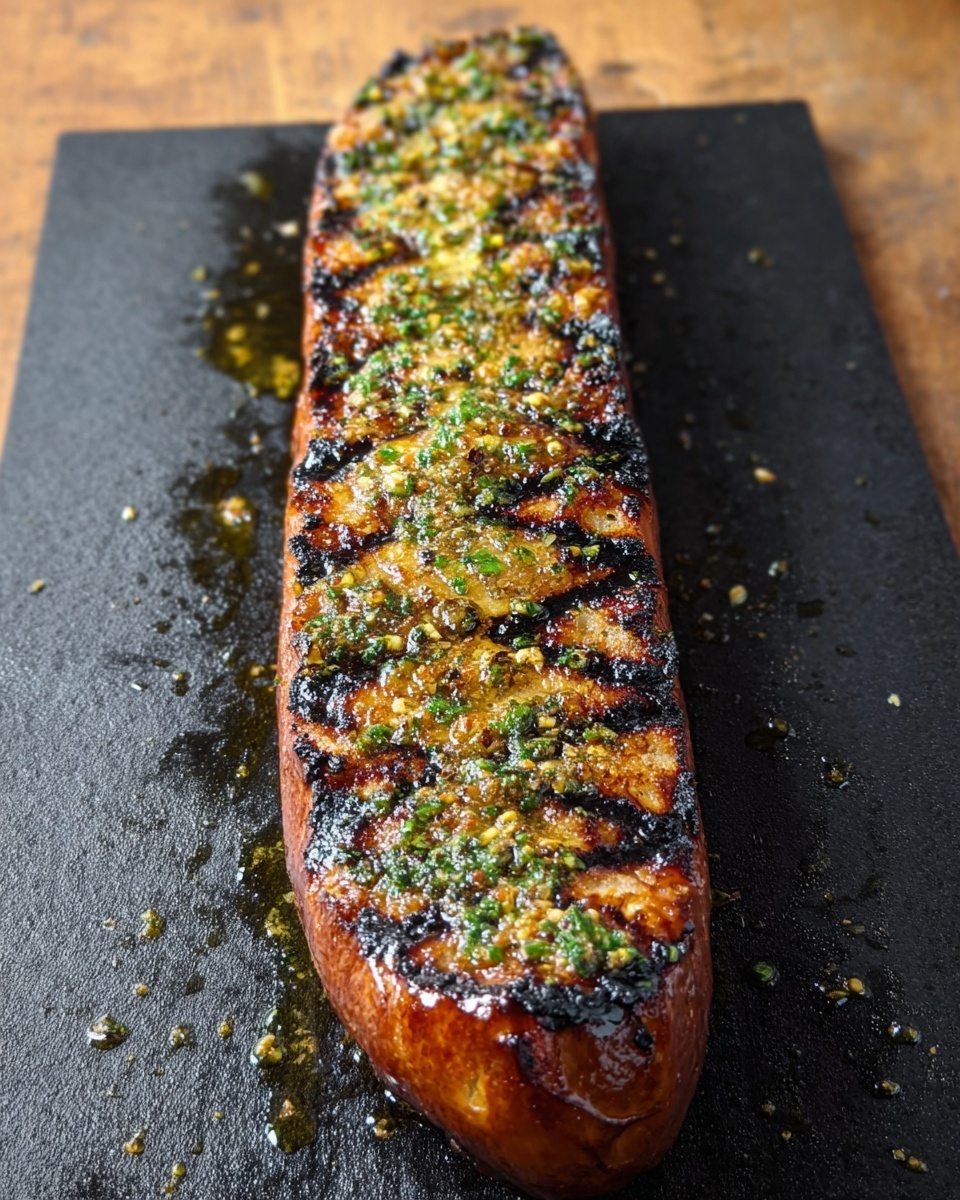 A long, grilled bread loaf with a golden-brown top, showing dark char marks in lines along its length. The surface is sprinkled with small bits of green herbs and crushed garlic spread evenly from top to bottom. The bread lies on a dark cutting board with small droplets of oil around it, placed on a wooden surface. The bread looks crisp on the outside with a slightly shiny texture from the oil and herbs. photo taken with an iphone --ar 4:5 --v 7