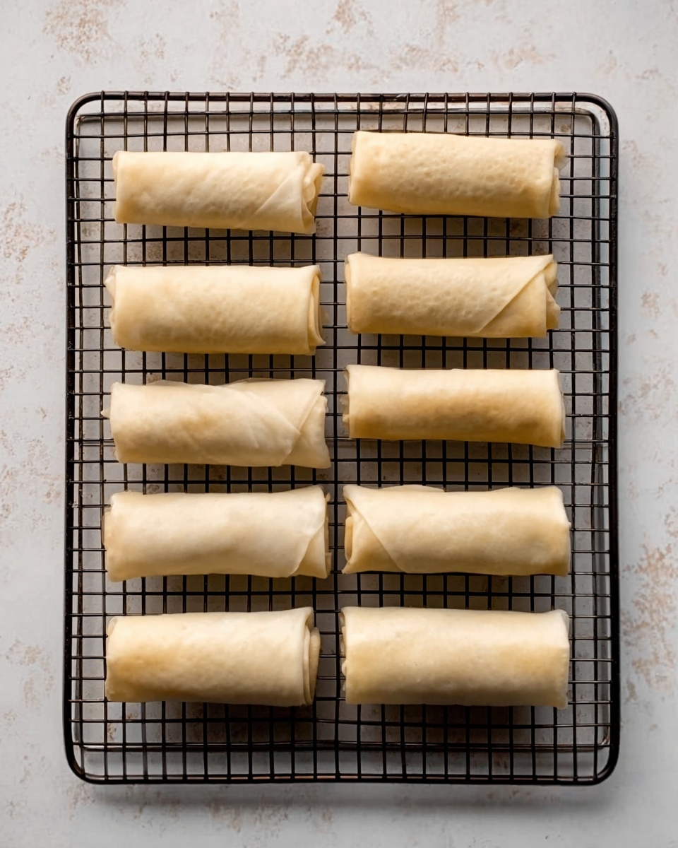 The image shows eight uncooked spring rolls placed on a black wire cooling rack over a white marbled surface. There are two rows of four rolls each, evenly spaced apart. The rolls have a smooth, slightly shiny light beige wrapper that looks soft and thin. The white marbled background contrasts with the rolls and the darker wire rack underneath. The whole scene is simple, clean, and focused on the raw spring rolls. photo taken with an iphone --ar 4:5 --v 7