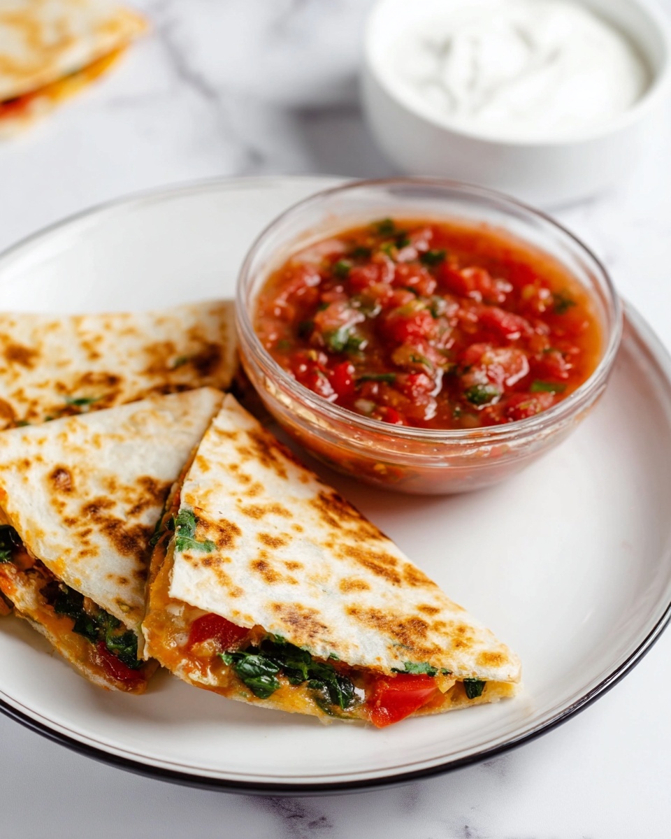 A white plate with a thin black rim holds three triangular pieces of quesadilla, each toasted golden brown with visible grilled marks. Inside the quesadilla, layers of green spinach and red tomato pieces peek out, adding color contrast against the light brown fried dough. Next to them is a clear glass bowl filled with a chunky red salsa containing pieces of green peppers and tomato. In the background, a white bowl of smooth white sour cream is slightly out of focus, all placed on a white marbled surface. Photo taken with an iphone --ar 4:5 --v 7